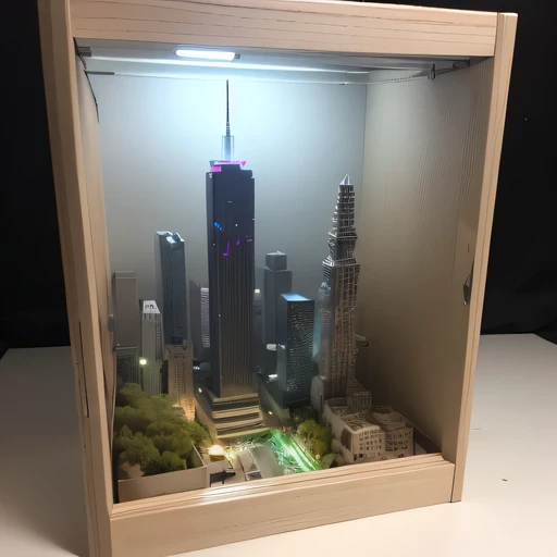 small realistic model, (8k, original photo, best quality, masterpiece:1.4),Steampunk Cyberpunk 1829 City,(Cyberpunk light:1.3),on the table,horizon (related to land),(in a small nature box:1.3),Isometric, small nature, landscape on foundation,landscape,