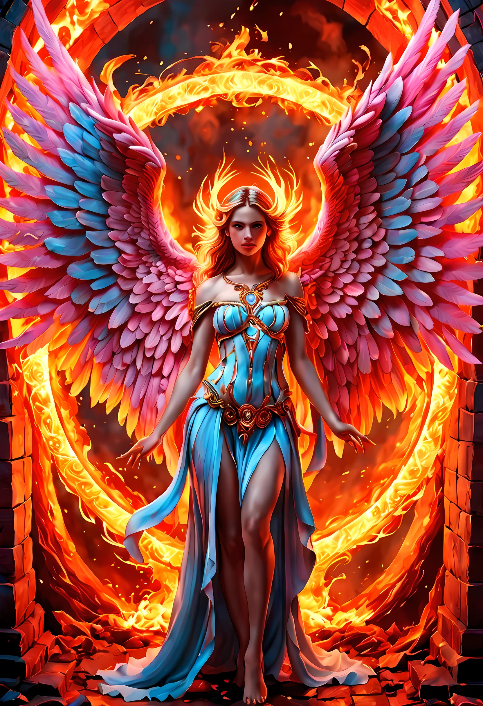 high details, best quality, 16k, [best detailed], masterpiece, best quality, (extremely detailed), a view from the rear of a beautiful angel looking through  a magical portal onto hell, the portal has magical pink magical wards  on it, she sees the fiery hell and rolling inferno faize , GlowingRunes_paleblue, GLOWING STYLE, feathered wings