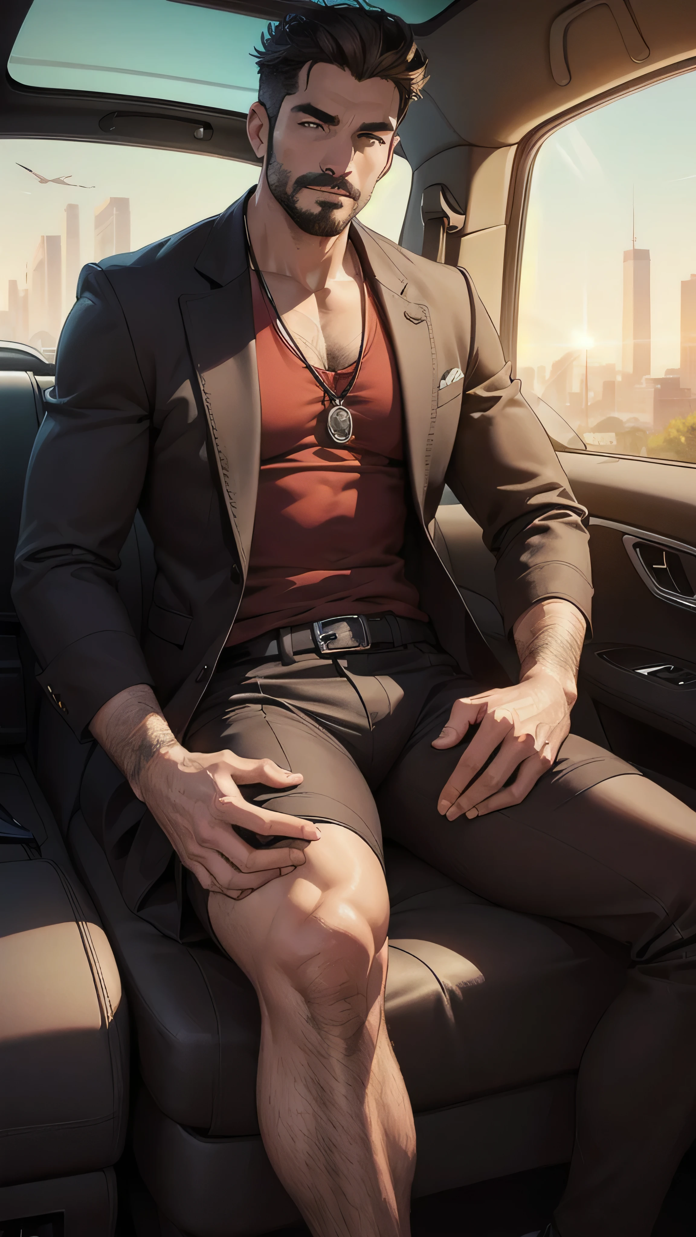 (a luxurious car,a beautiful mansion),(wealthy dad,son),(ready for their journey),(sun shining),(new beginning),(highres,vivid colors),(portraits),(warm and vibrant tones),(soft natural lighting)