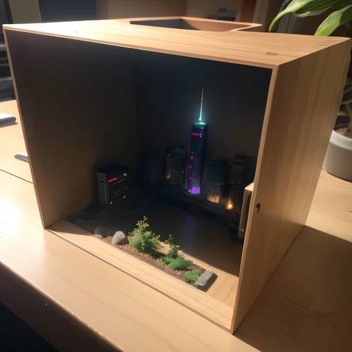 small realistic model, (8k, original photo, best quality, masterpiece:1.4),Steampunk Cyberpunk 1829 City,(Cyberpunk light:1.3),on the table,horizon (related to land),(in a small nature box:1.3),Isometric, small nature, landscape on foundation,landscape,