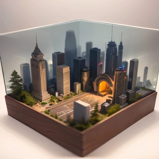 small realistic model, (8k, original photo, best quality, masterpiece:1.4),Steampunk Cyberpunk 1829 City,(Cyberpunk light:1.3),on the table,horizon (related to land),(in a small nature box:1.3),Isometric, small nature, landscape on foundation,landscape,