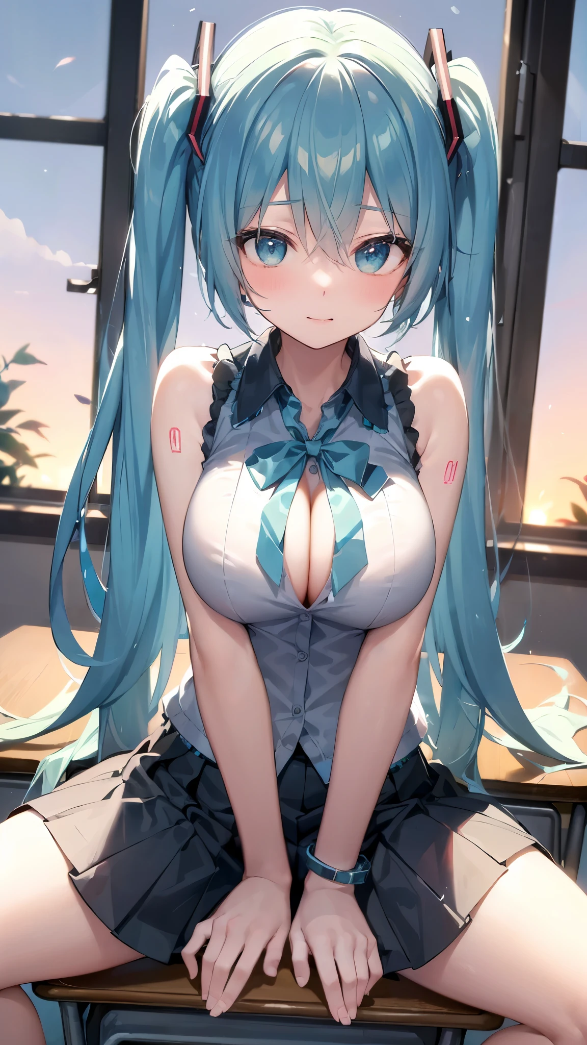 (Masterpiece,Super Detail,in 8K,best composition,rim lighting,photorealsitic,dynamic shot:1.5),view from below,solo,(Hatsune Miku,light blue twin tail:1.3),beautiful detailed eye,looking at the camera, face is close ,mischievous smile,shape of kissing lips,blushing, lewdness ,detailed shiny skin,big tits,(sitting on school desk,Spread legs apart,the other hand on tits:1.5),Blouse with exposed cleavage,gray and black check pattern skirt,cute bangles,dazzling sunset,Backlit,in school classroom,particles of light,secretly show