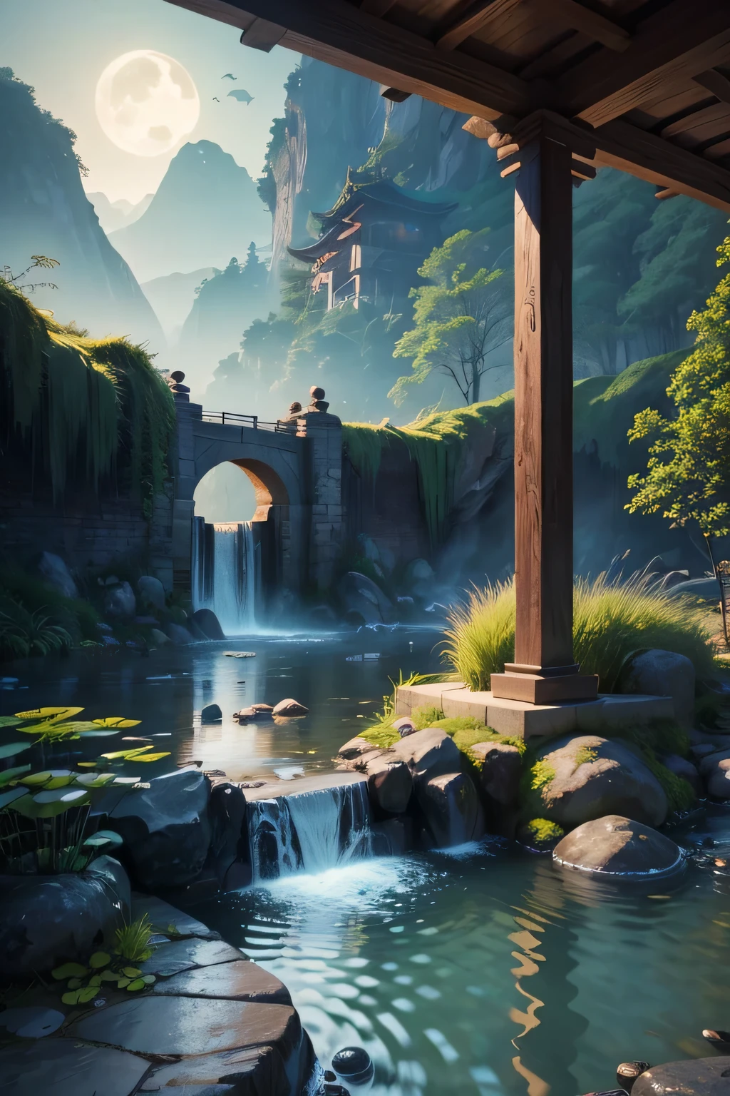 Ancient Chinese archwayitecture, moon, midnight, garden, bamboo, lake, stone bridge, rockery, archway, Corners, wood, water flowing, landscape, outdoor, waterfall, Grass, rock, water lily, hot spring, water vapor, (shape: 1.0), great composition, realistic lighting, HD details, masterpiece, highest quality, (High-definition CG Unity 8K) - 6 o'clock'clock