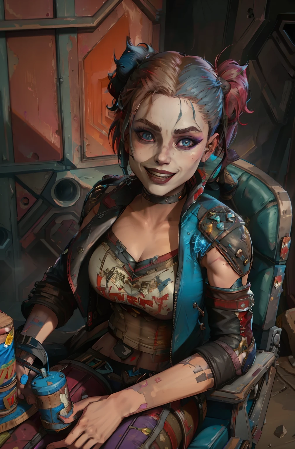 Apex Legends, Borderlands, Valorant, Harley Quinn ,smiling, holding cards, tank top, sitting in chair, (insanely detailed, beautiful detailed face, beautiful detailed eyes, masterpiece, best quality),solo, cyberpunk,