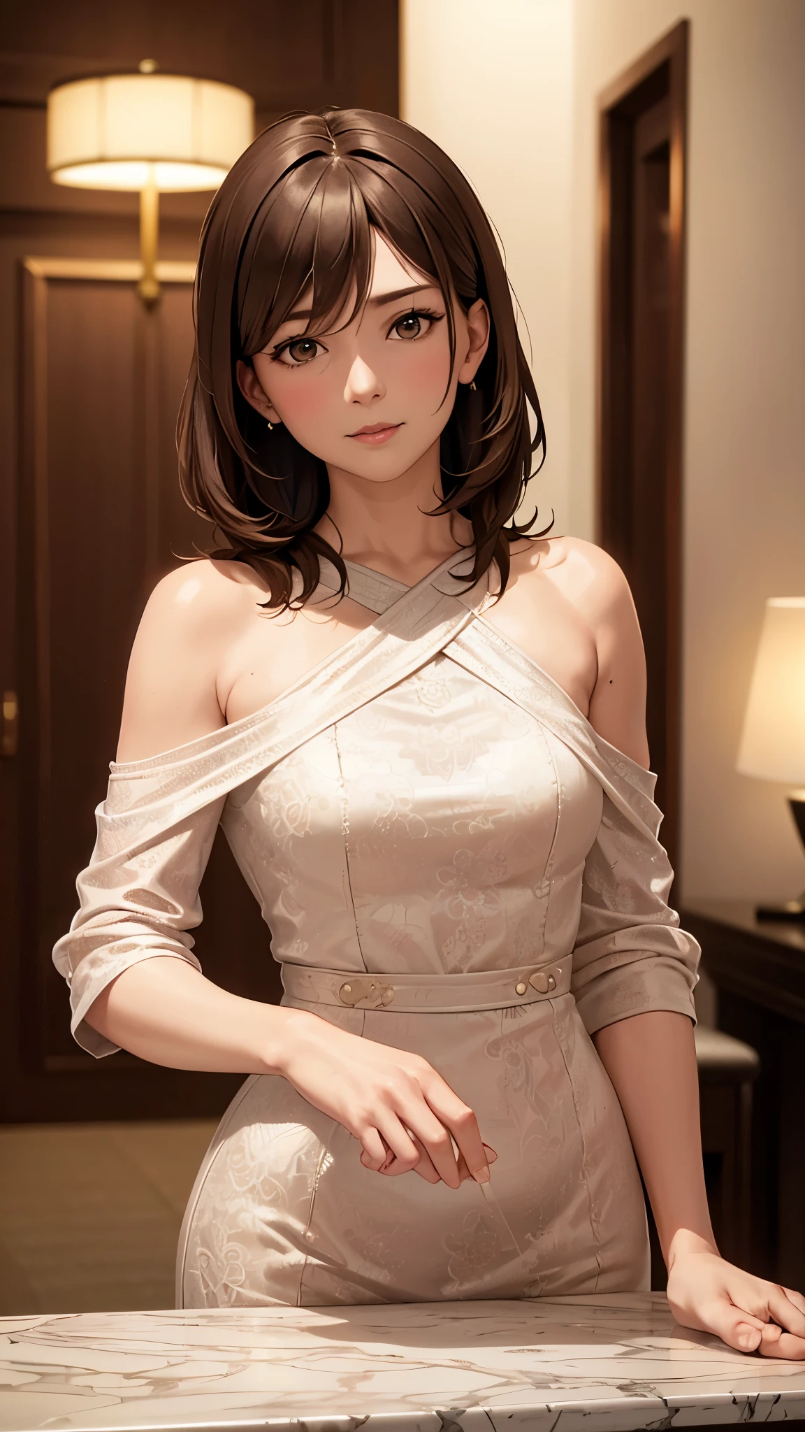 Masseter muscle film, top quality, Masterpiece, high resolution, Realism, original photography, 8k wallpaper, flawless, professional lighting, Very detailed, depth of field, ((a beautiful woman)), ((40 years old sexy woman)), (In the hotel lobby), ((Dresses with gorgeous colors and patterns)), ((Look into the audience's eyes)), Detailed face, beautiful eyes, (maintain good posture), Bangs, Small breasts and good figure, Light brown straight hair, Off the shoulder dress