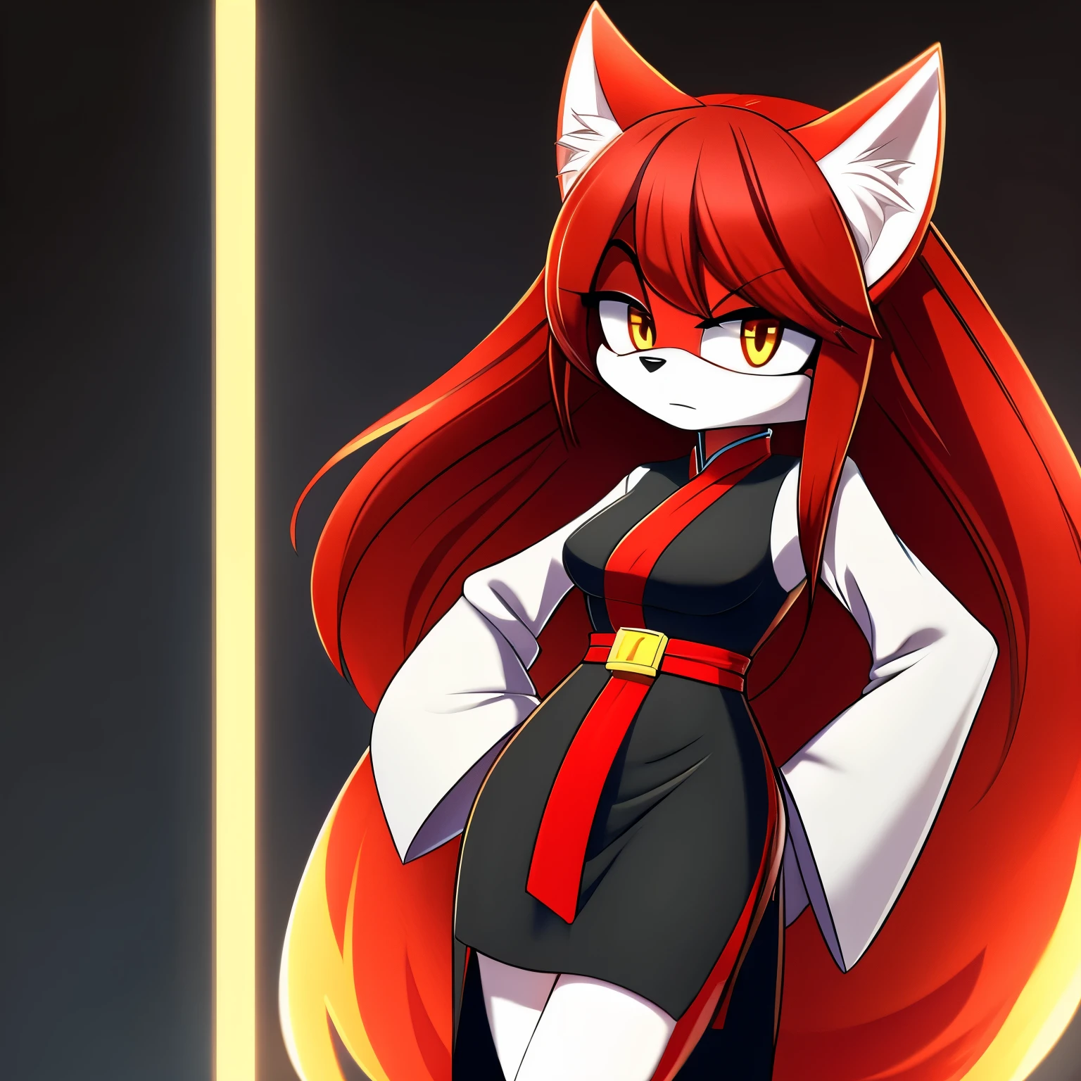 Female, Mobian, Kitsune, white and red fur, white fuzzy muzzle, VERY long red hair, yellow eyes, red makeup, serious expression, one hand on hip, red hair bangs, red hair on shoulders, white long sleeved cheongsam dress, red sash belt