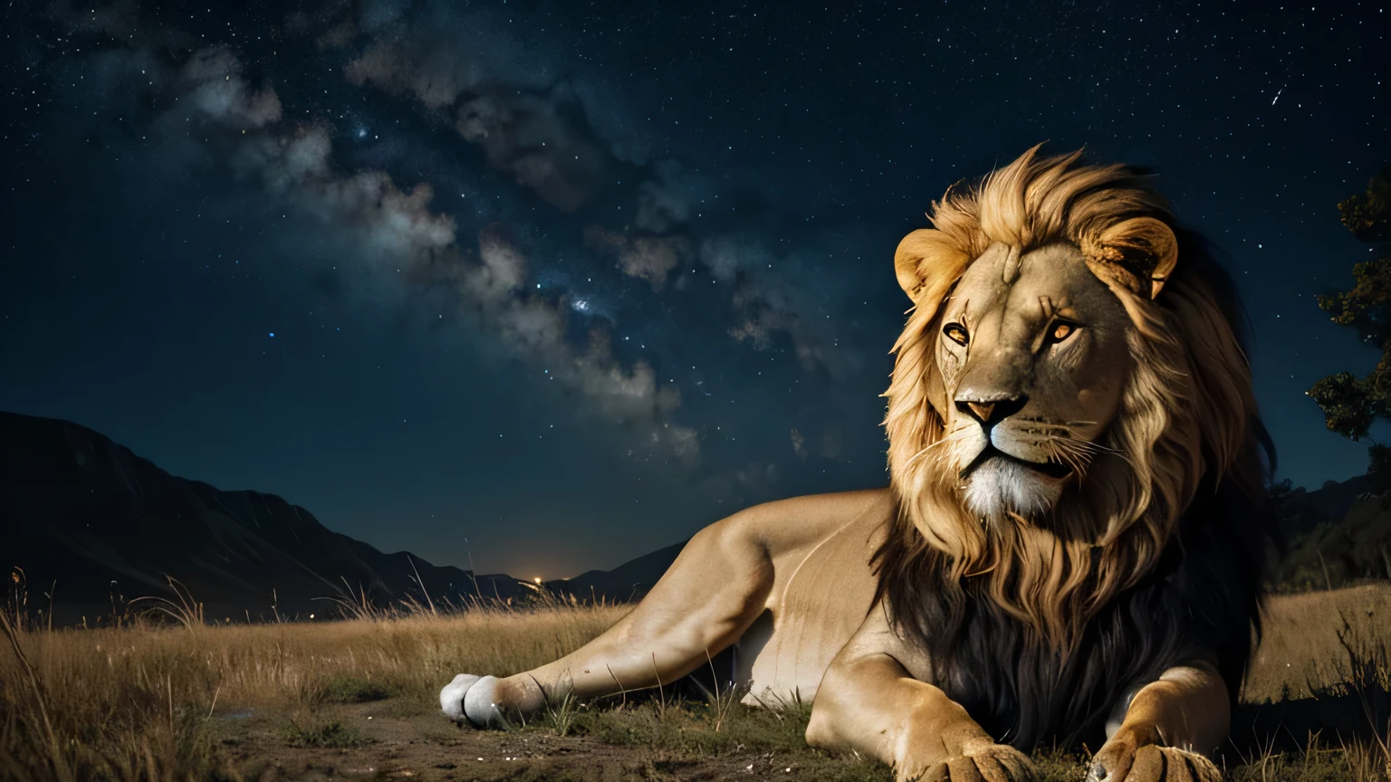 gold lion out at night with dark skies and stars