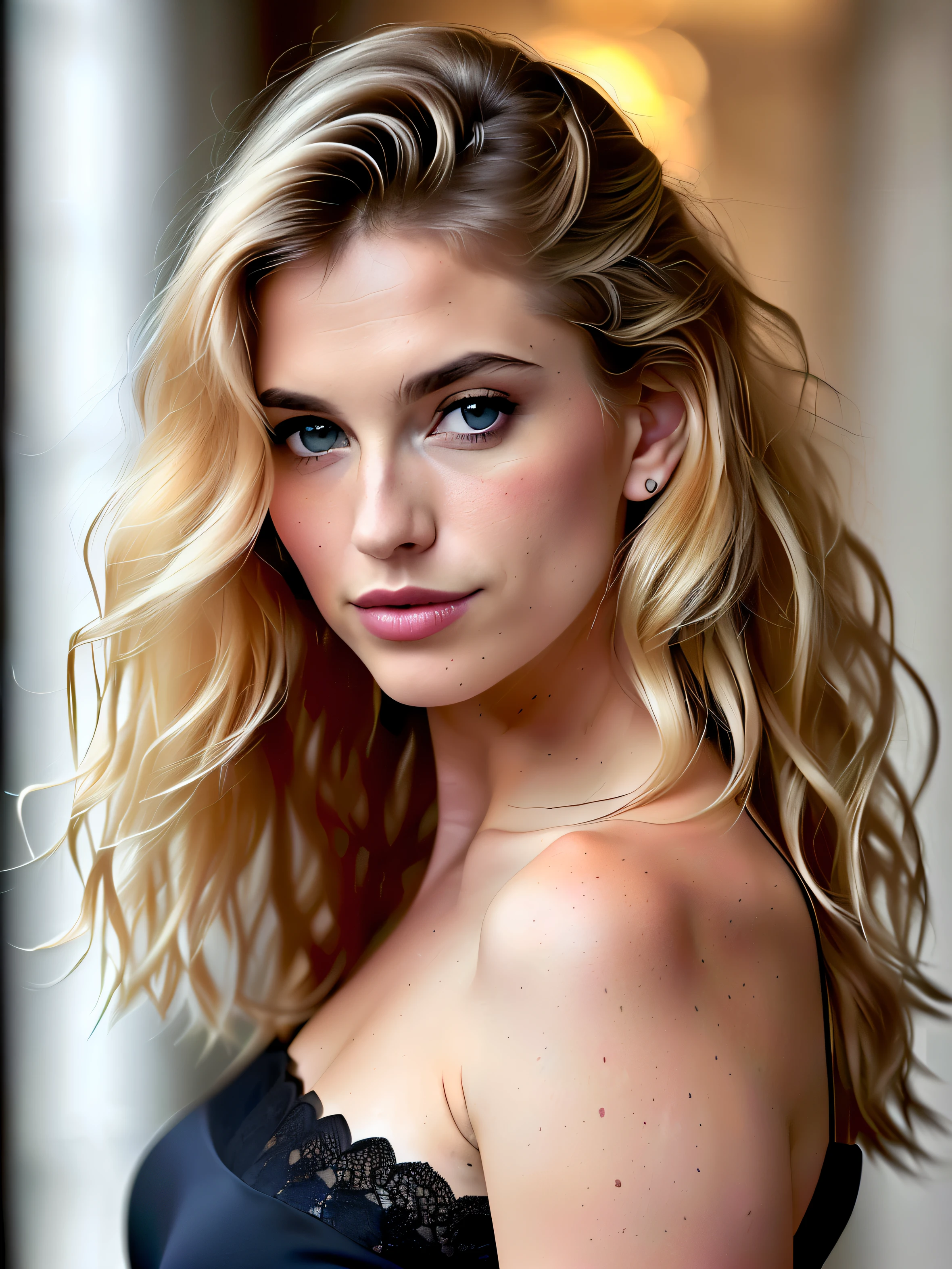 Portrait de visage d’une femme aux longs cheveux bouclés brun foncé avec des reflets blonds, peau brun clair et yeux séduisants détaillés, porter une blouse sociale, Boire du café avec un arrière-plan flou, chef-d'œuvre de la meilleure qualité, photoréaliste, détaillé, 8K, HDR, faible profondeur de champ, lumière large, Contraste élevé, Contre-Jour, fleurir, Lueurs lumineuses, aberration chromatique, mise au point nette, photo couleur RAW