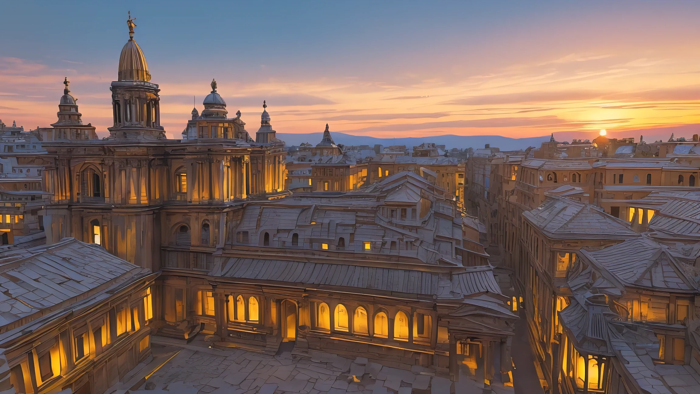 golden hour, an ancient city, a vast empire of the past, sunset, epic, cinematic,(best quality,4k,8k,highres,masterpiece:1.2),ultra-detailed,(realistic,photorealistic,photo-realistic:1.37),architectural marvels, majestic structures, crumbling ruins, bustling streets, vibrant markets, intricate carvings, grand palaces, imposing temples, mysterious alleyways, ancient rituals, time-worn cobblestones, golden hues, dramatic lighting, sweeping panoramas, regal statues, ornate fountains, soaring arches, intricate mosaics, magnificent archaic artifacts, legendary tales, forgotten legends, cultural heritage.