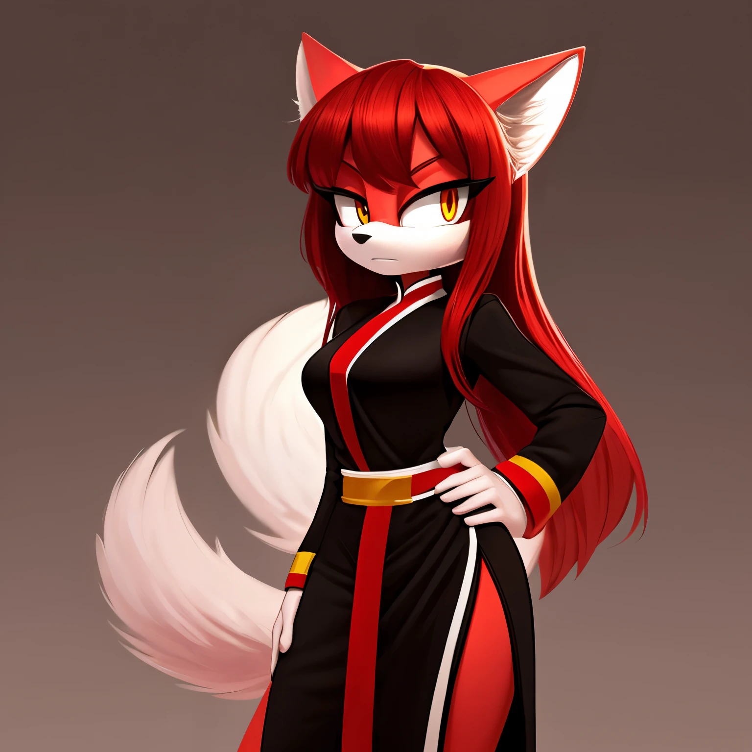 Female, Mobian, Kitsune, white fur, white fuzzy muzzle, VERY long red hair, yellow eyes, red makeup, serious expression, one hand on hip, red hair bangs, red hair on shoulders, white long sleeved cheongsam dress, red sash belt