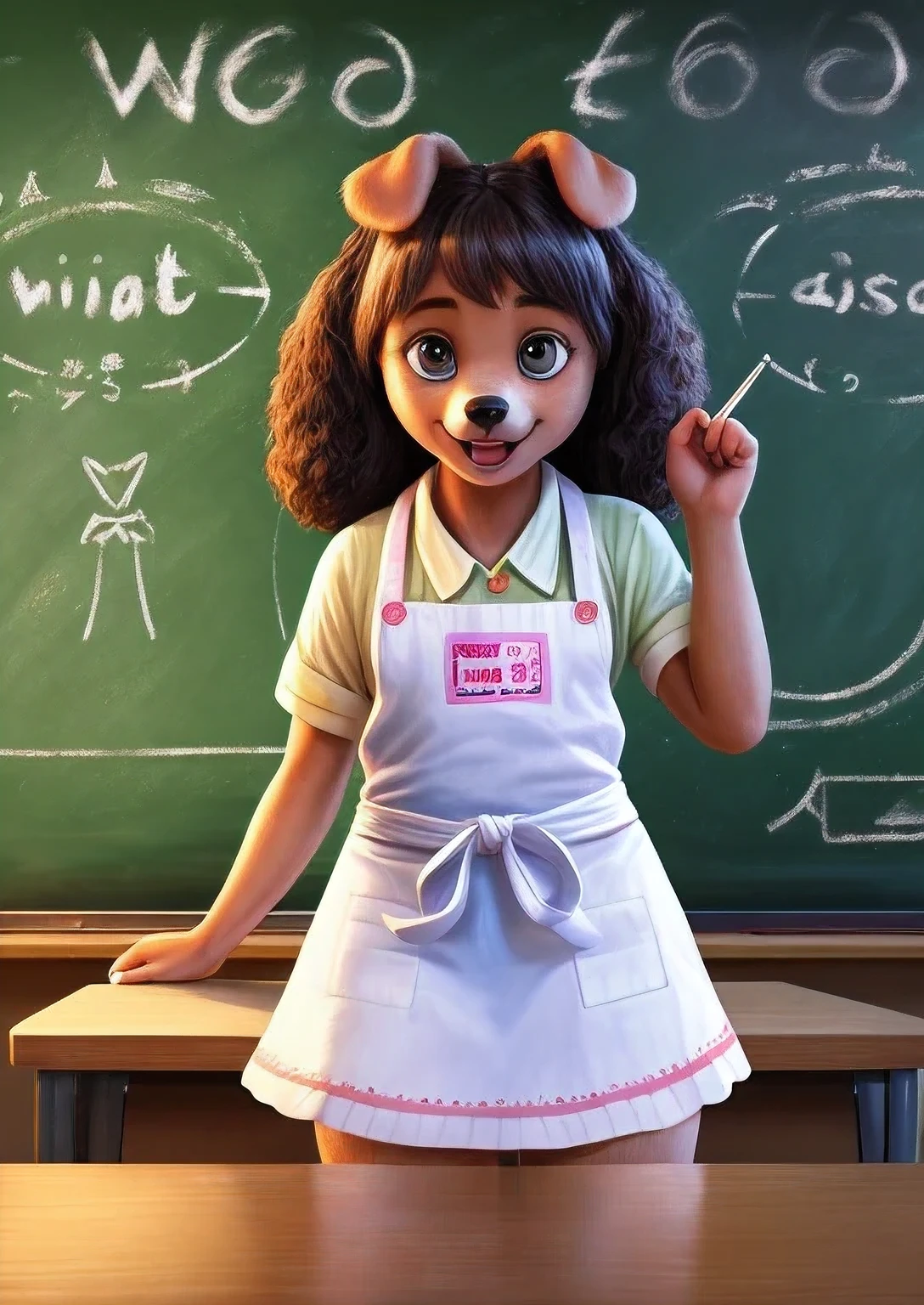 (Mejor calidad,4k,8k,high resolution,obra maestra:1.2),ultra detallado,(Realista,photoRealista,photo-Realista:1.37),Un perro joven vestido con un delantal blanco., standing in front of a blackboard as if he were teaching something,renderizado 3D,Realista lighting,sombras suaves,Colores vibrantes,children's education,Artistic Perspective,Adorable expression,textura de piel detallada,pose juguetona,sharp lines,Entorno del aula,Ambiente agradable,dibujo de tiza de colores,interesting lesson,notas garabateadas en la pizarra,Polvo de tiza en el aire,Realista depth of field,obra de arte profesional,Adiestramiento canino,Vivid expressions,vibras positivas,apoyo educativo,Aprendizaje interactivo,Ilustraciones atractivas,mascota de la maestra,visual cautivante,creative teaching approach,Fomento del medio ambiente,estudiante lindo e inteligente,textura de pizarra,ojos expresivos,delantal limpio y ordenado,-como la inocencia.