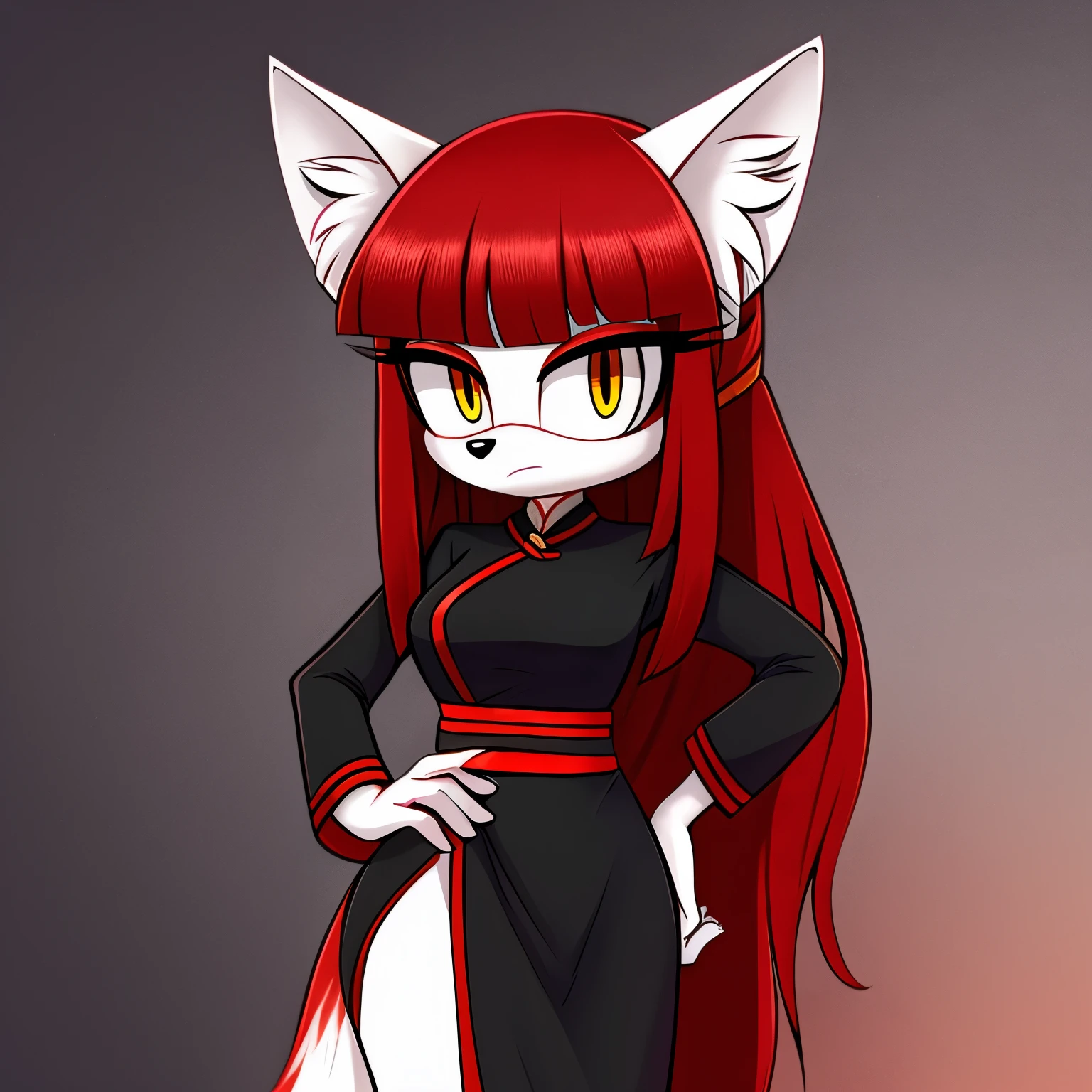 Female, Mobian, Kitsune, white fur, white fuzzy muzzle, VERY long red hair, yellow eyes, red makeup, serious expression, one hand on hip, red hair bangs, red hair on shoulders, white long sleeved cheongsam dress, red sash belt
