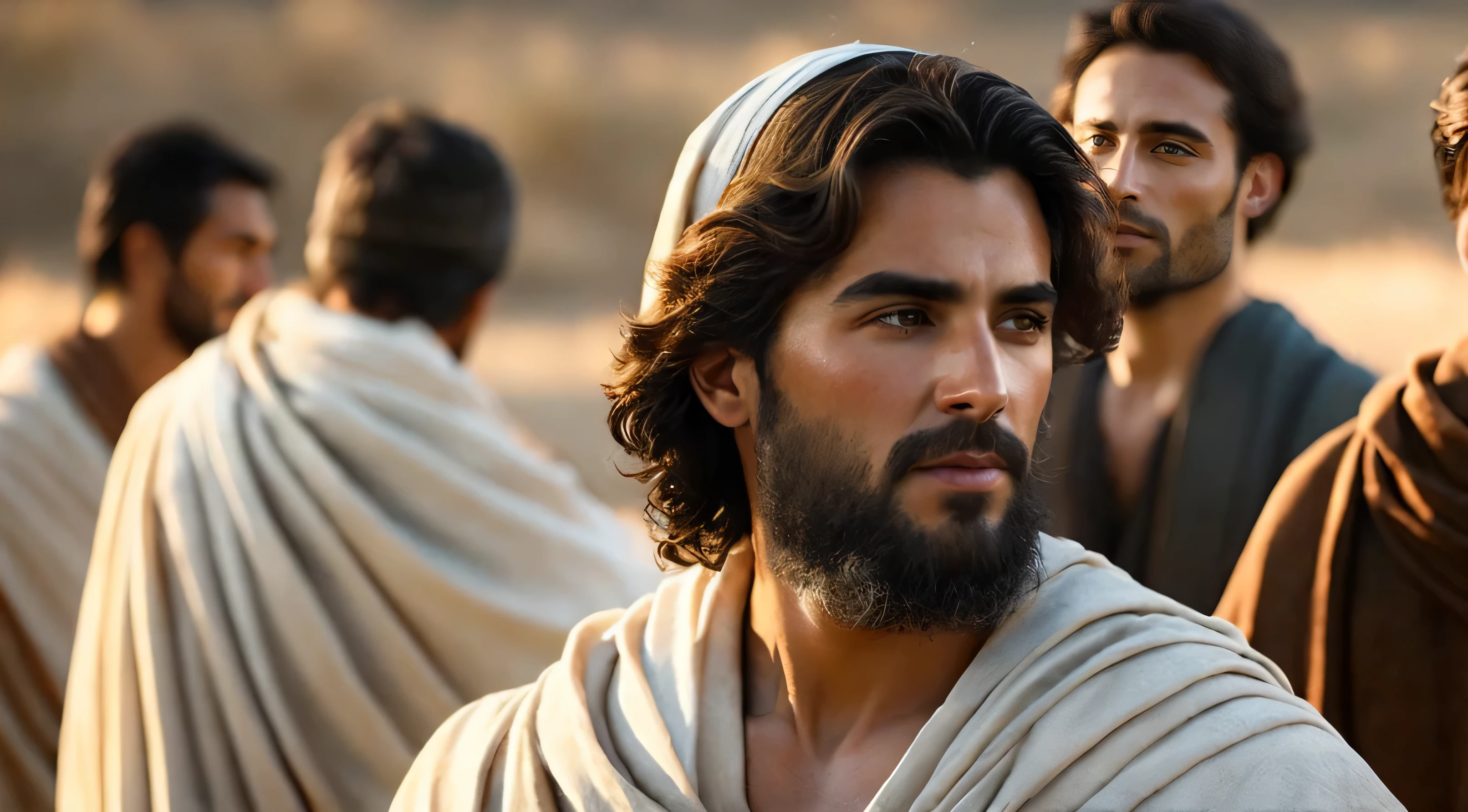 Ancient Israel、Biblical times、1st century、close、(((Disciples listen to short-haired Jesus Christ)))、8K、Live shooting、highest quality、masterpiece:1.5、ultra-lightweighthigh-resolution、photogenuineistic:1.5、cinematic light、soft volume lighting:1.5、genuine、photogenuineistic:1、be familiar withな皮膚、professional lighting、photograph、sharp focus、be familiar with、professional lighting、photon mapping、be familiar withで複雑な環境、非常にbe familiar with、highest quality、美術的なphotograph、photogenuineisticなコンセプトアート、Cinematic perfect light with soft natural volume、mid journey、be familiar withな手、