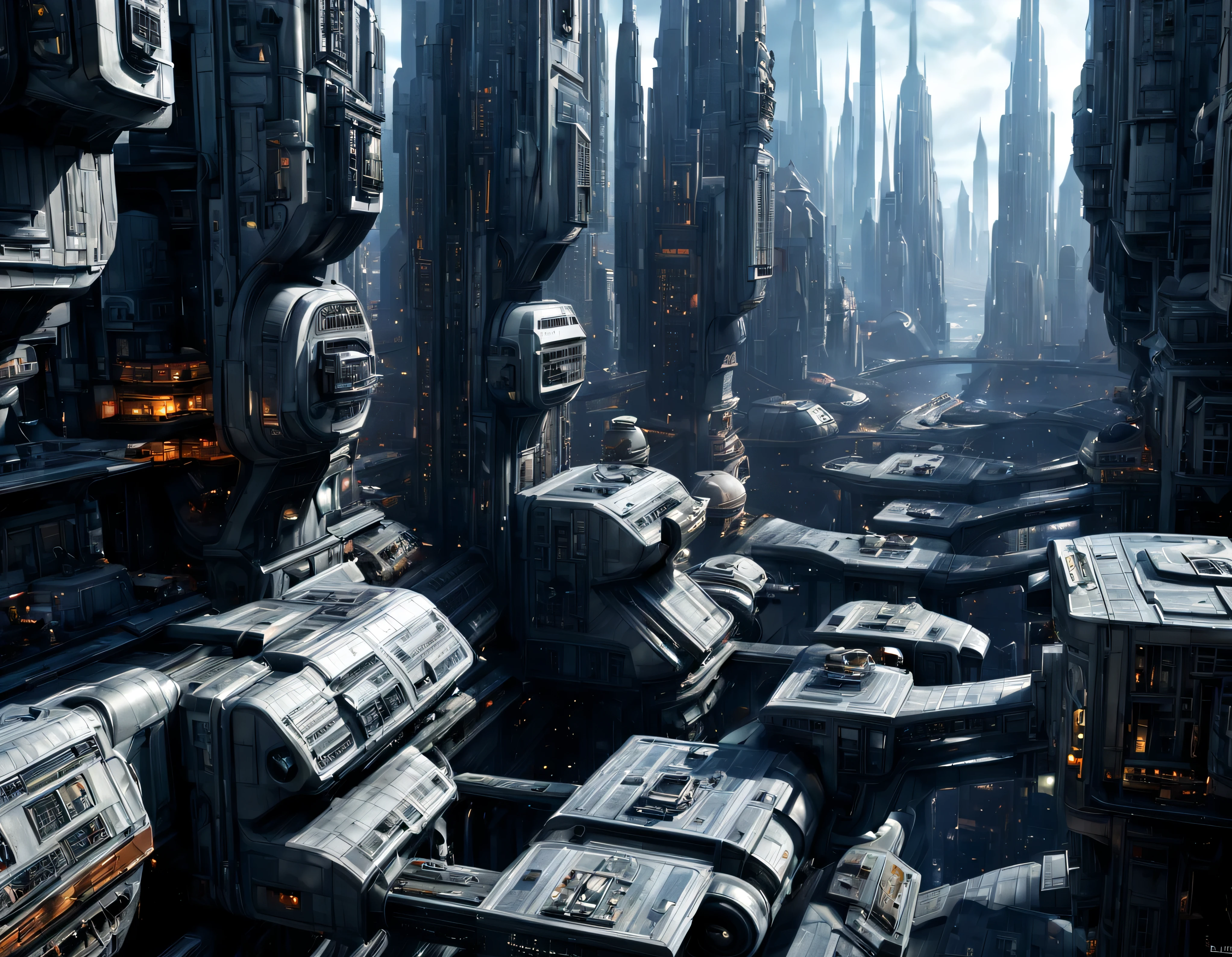 (The city of Coruscant from Star Wars as designed by Doug Chiang), futuristic fantasy city with immense buildings of technological design (que forman una avenida infinita), non-blurred compact buildings with metallic appearance, luces en ventanas en edificios, daylight lighting with sun, con estructuras acristaladas espectaculares, (con colores vivos). pavimento ensolado (sin brillo). gente paseando. imagen bien definida con muchos edificios juntos. sharp well defined 8k image. los edificios llegan alta el fondo.,8k. cinematographic image. ((obra maestra de superior calidad)). (renderizado 3D).