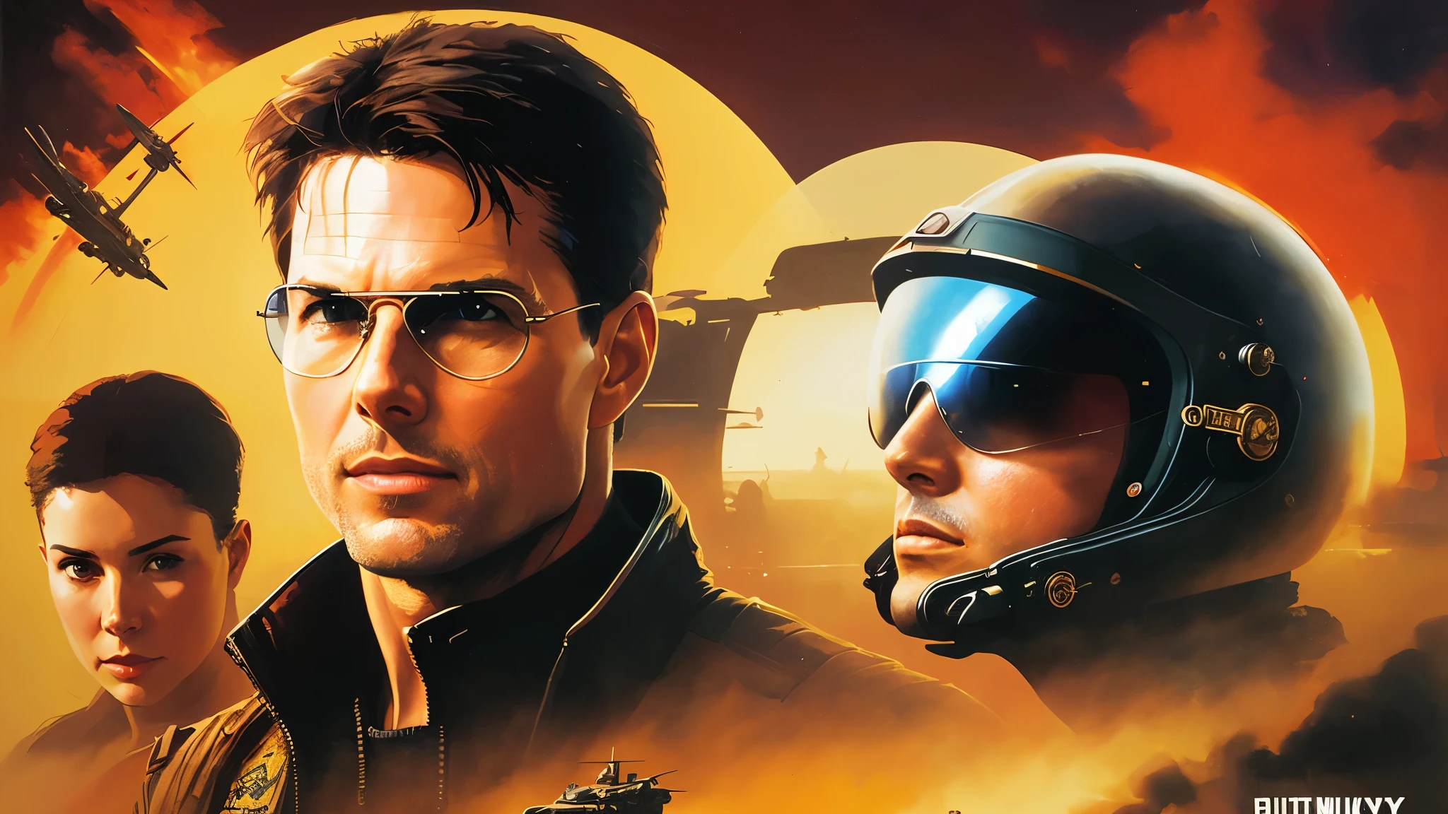 bald Tom Cruise of Top Gun, wearing glasses, no facial har, vhs effect, (poster: 1.2), poster on the wall, nostalgia, movie poster, (skin texture), intricately detailed, fine details, hyperdetailed, ray tracing, subsurface scattering, diffuse soft lighting, F-14 Tomcat airplanes detailed in the background, shallow depth of field, by (Oliver Wetter) majestic professional oil painting by Ed Blinkey, Atey Ghailan, Studio Ghibli, by Jeremy Mann, Greg Manchess, Antonio Moro, trend at ArtStation, trend at CGSociety, Intricate, High Detail, Sharp focus, dramatic painting and photorealistic art of (greg rutkowski:1.4), bokeh
