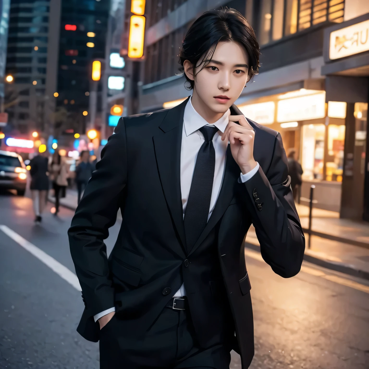businessman, young, suit, beautiful skin, natural lips, parted hair, black hair, male, expensive
