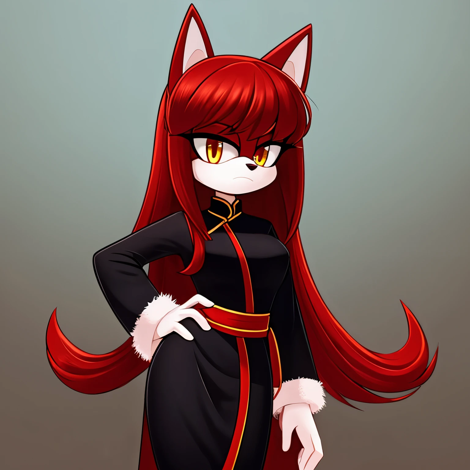 Female, Mobian, Kitsune, white fur, white fuzzy muzzle, VERY long red hair, yellow eyes, red makeup, serious expression, one hand on hip, red hair bangs, red hair on shoulders, white long sleeved cheongsam dress, red sash belt