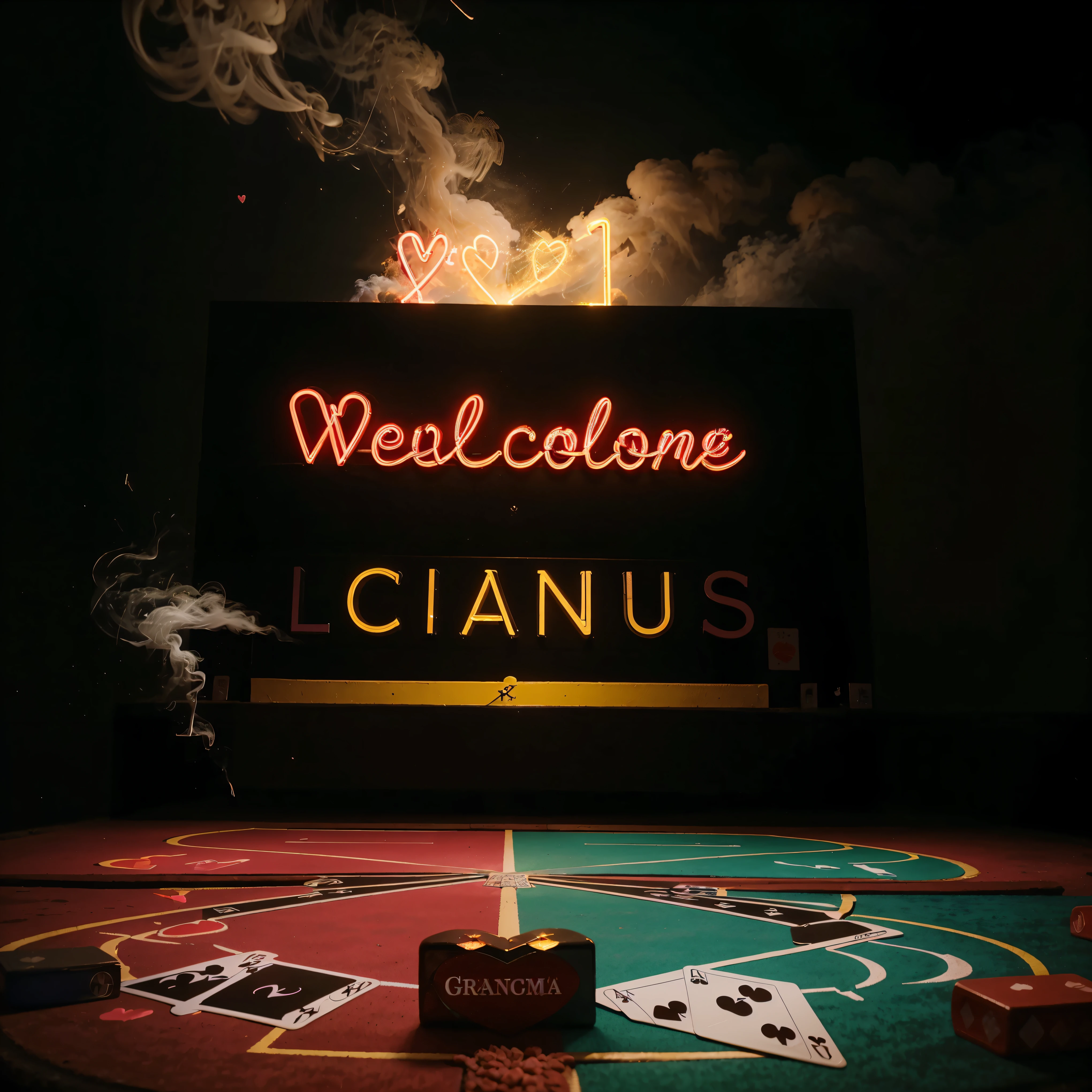 A neon sign is colorful, com cartas de baralho, hearts, Diamantes, paus e espadas em cores diferentes. It says “Welcome Granja Club” in bright colors. Black background with lots of colored smoke rising from the ground to the top.
