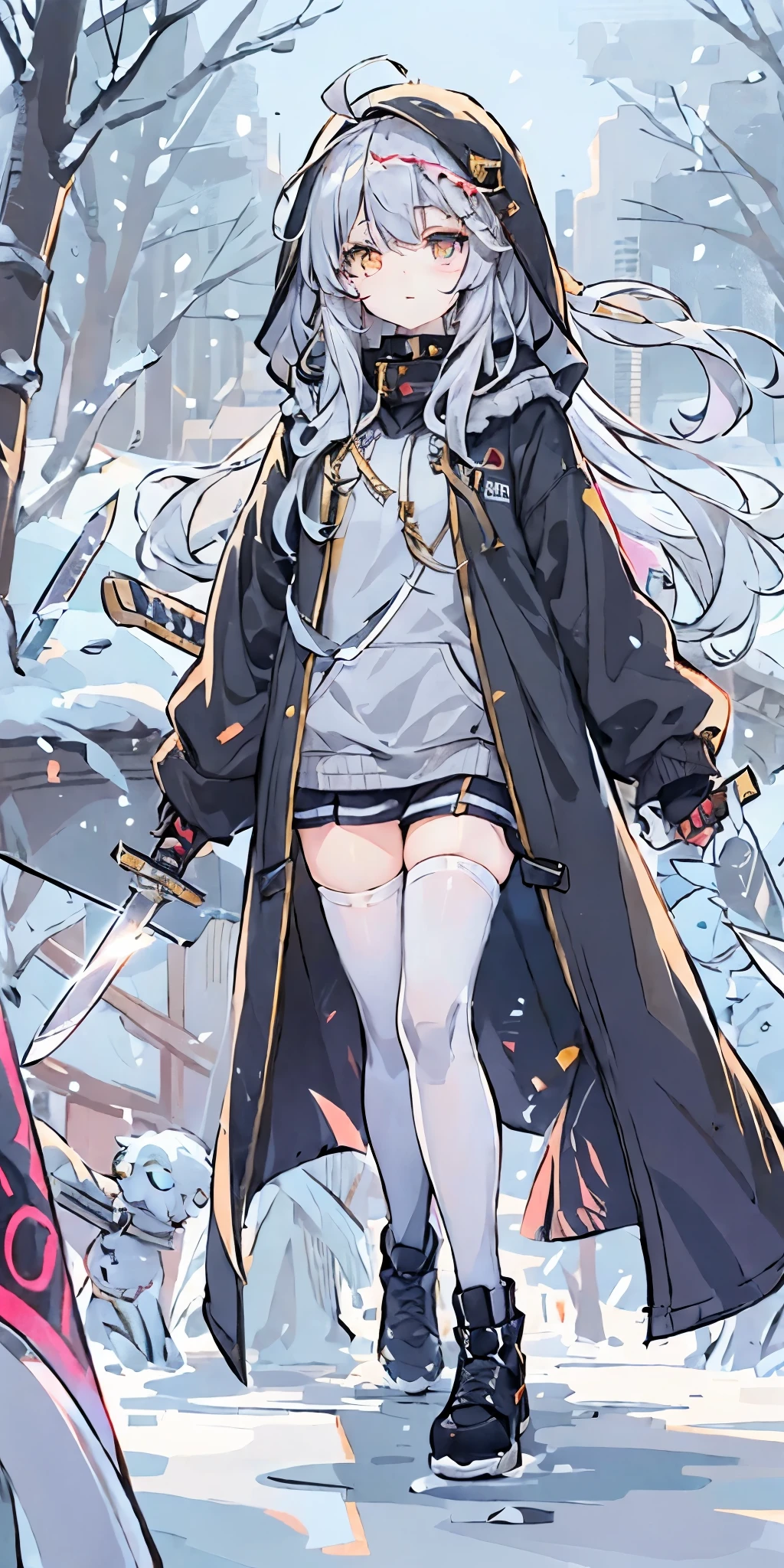 long hair、cute、white stockings、Heart-shaped pupils、solo、gray hair、winter、snow、outdoor、(((golden eyes)))、Ahoge、(((Black hoodie)))、head covering、With weapons、(((((battle)))))、 cold look、 Filmography、 ((((((knife))))))、 village、((((Show the whole body))))、
