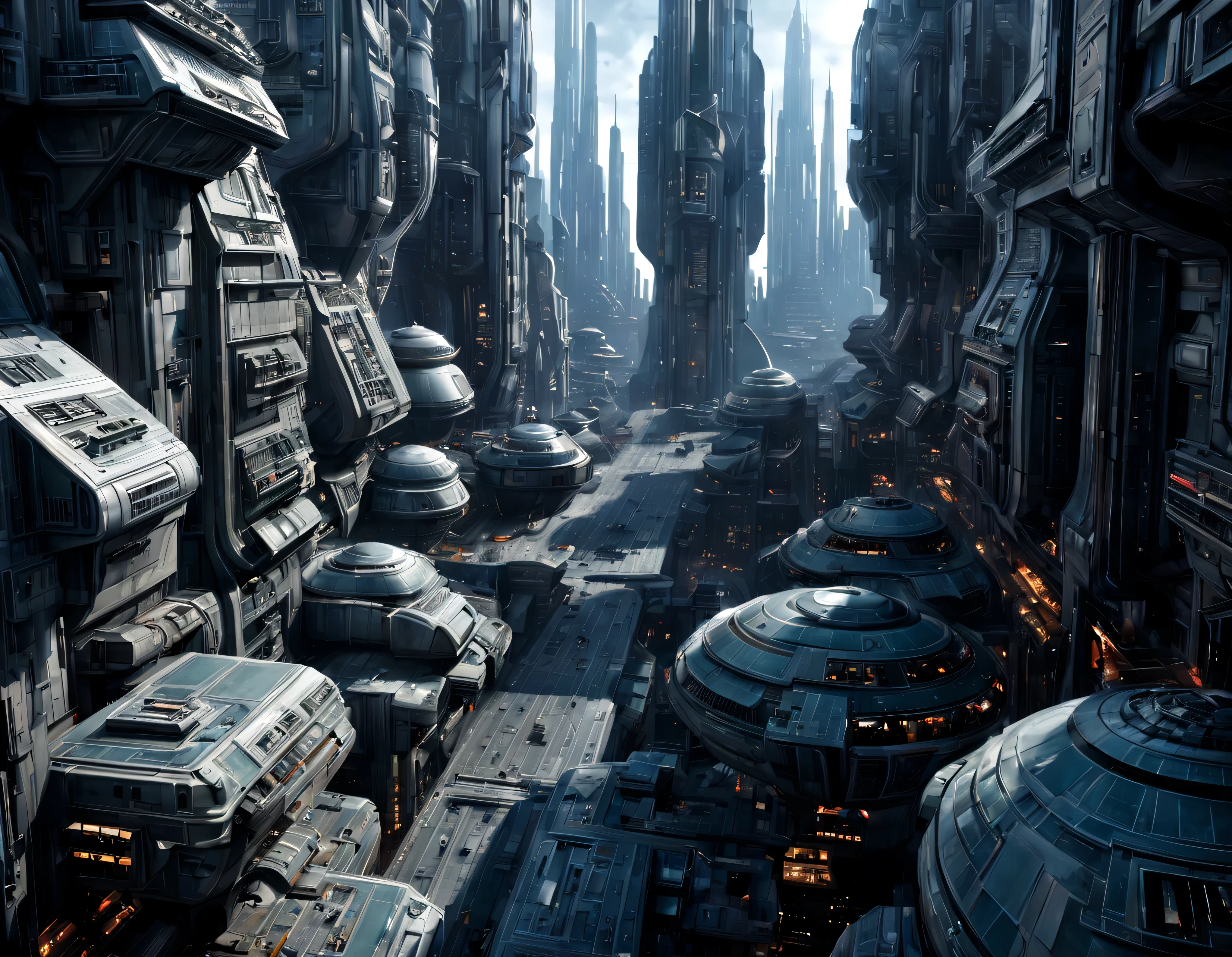(The city of Coruscant from Star Wars as designed by Doug Chiang), futuristic fantasy city with immense buildings of technological design (que forman una avenida infinita), non-blurred compact buildings with metallic appearance, luces en ventanas en edificios, daylight lighting with sun, con estructuras acristaladas espectaculares, (con colores vivos). pavimento ensolado (sin brillo). gente paseando. imagen bien definida con muchos edificios juntos. sharp well defined 8k image. los edificios llegan alta el fondo.,8k. cinematographic image. ((obra maestra de superior calidad)). (renderizado 3D).