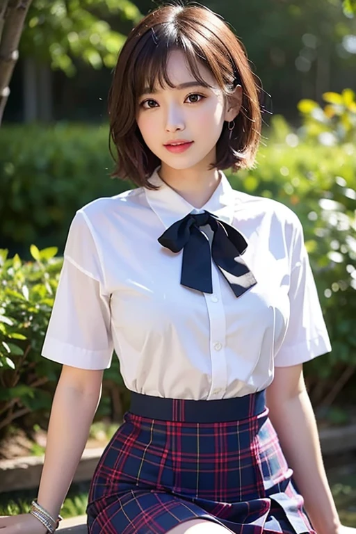 national foundation, 8K RAW photos, top quality, ​Masterpiece, ultra high resolution, film particles, , 1 girl in, looking at the audience, 自然的skin纹理, Realistic eyes and facial details, 丰满的lips,, fluffy short hair, messy hair, a smile, shut up, 漂亮的leg, tall lady, skin, Slim_leg, solo, Big breasts, mini skirt, shirt, beautiful natural place, around the flower position, (background for this),  白shirt, Big breasts, low cost, 背景Vague, Vague, fail, Plaid, short sleeves, JK ribbon on neck, JK ribbon, brown hair, a bracelet, water, Bangs, Uniforms, jewelry, 张开的lips, lips, pleated skirt, depth of field