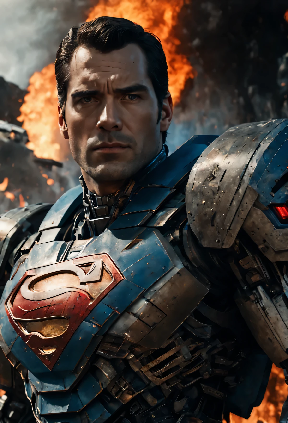 a close up of a superman standing in front of a fire, transformers cinematic universe, wojtek fus, hq 4k wallpaper, transformers : the last knight, in the movie transformers, thertrevkaiser, Henry Cavill as superman, artstation masterpiece, super robot, superman fused with optimus prime, japanese dc live-action movie, hd wallpaper, inspired by Zack Snyder
