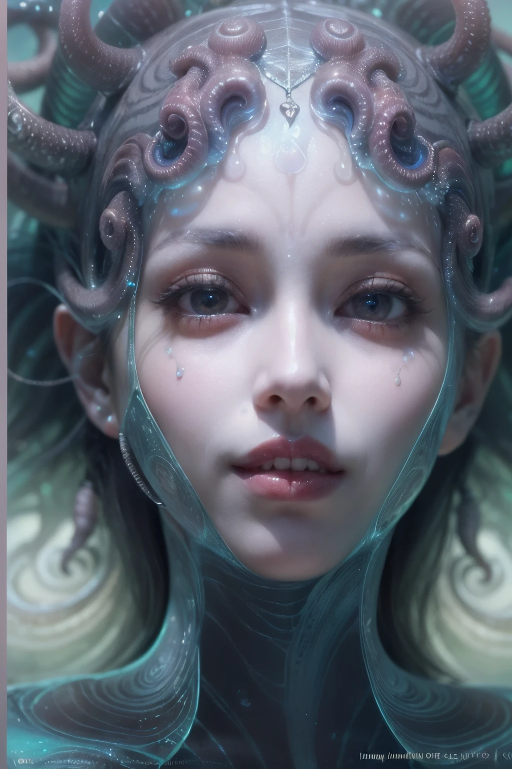 (A portrait of one beautiful and obscene female alien in the water of the deep sea, who is a young ager:1.4), ((There is a female genital-like organ in the middle of her forehead:1.8)), (realistic face:1.2), (Numerous award-winning masterpieces, with incredible detail, textures and maximum detail), artistic photography, midnight aura, unreal engine 5, Ultra Sharp Focus, art by Amano Yoshitaka, ArtGerm, Roisch, intricate artwork, ultra realistic realism, high resolution, High freshness, drawing faithfully, official art, Unity 8K Wall paper, ultra detailed artistic photography, dream-like, Creation of fantasy, dream Snail, (biopunk nautilus:1.3),Thrilling color schemes, seductively smiling, Amazing mutation, well-proportioned body, goddess of the deep sea, fractal, Geometric pattern, impossible figures, (translucent white tentacles with luminescent organs:1.4), subtle emerald green accents, (smiling seductively:1.3),(She has the most beautiful face in the history of the universe:1.5), Penelope Cruz, (she is looking down at viewers with glowing iridescent eyes with no pupils:1.3), an evil gaze that seduces, cinematic lighting, (Vampire-like long canine teeth can be glimpsed through the gap between the cute lips:1.3), in the hall of the palace, Sweet breath is exhaling from beautiful lips, ecstatic expression