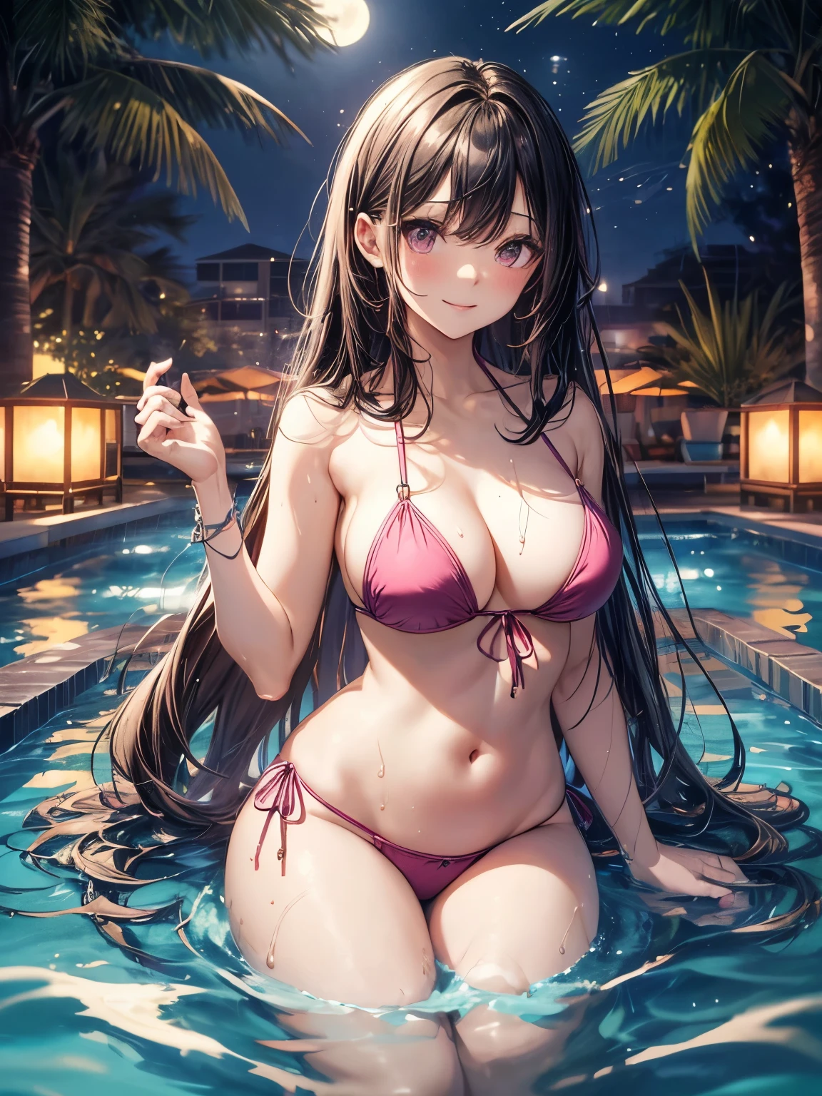 highest quality、All limbs、full finger、1 girl、((one beautiful woman、solo))、black haired woman、long hair、straight hair、big breasted woman、big smile、((pink bikini:1.2))、(((Superior hotel)))、((open-air bath))、bare hands、barefoot、full moon、night、are having fun、wet texture、splash of water