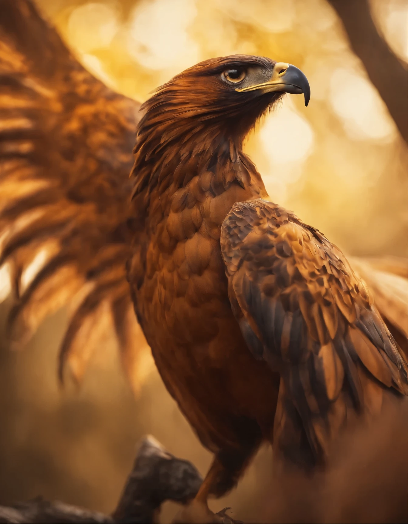 Phoenix in high resolution with the full image of the wings, golden and crisp, let it be a small phoenix with a smooth background, bem realista