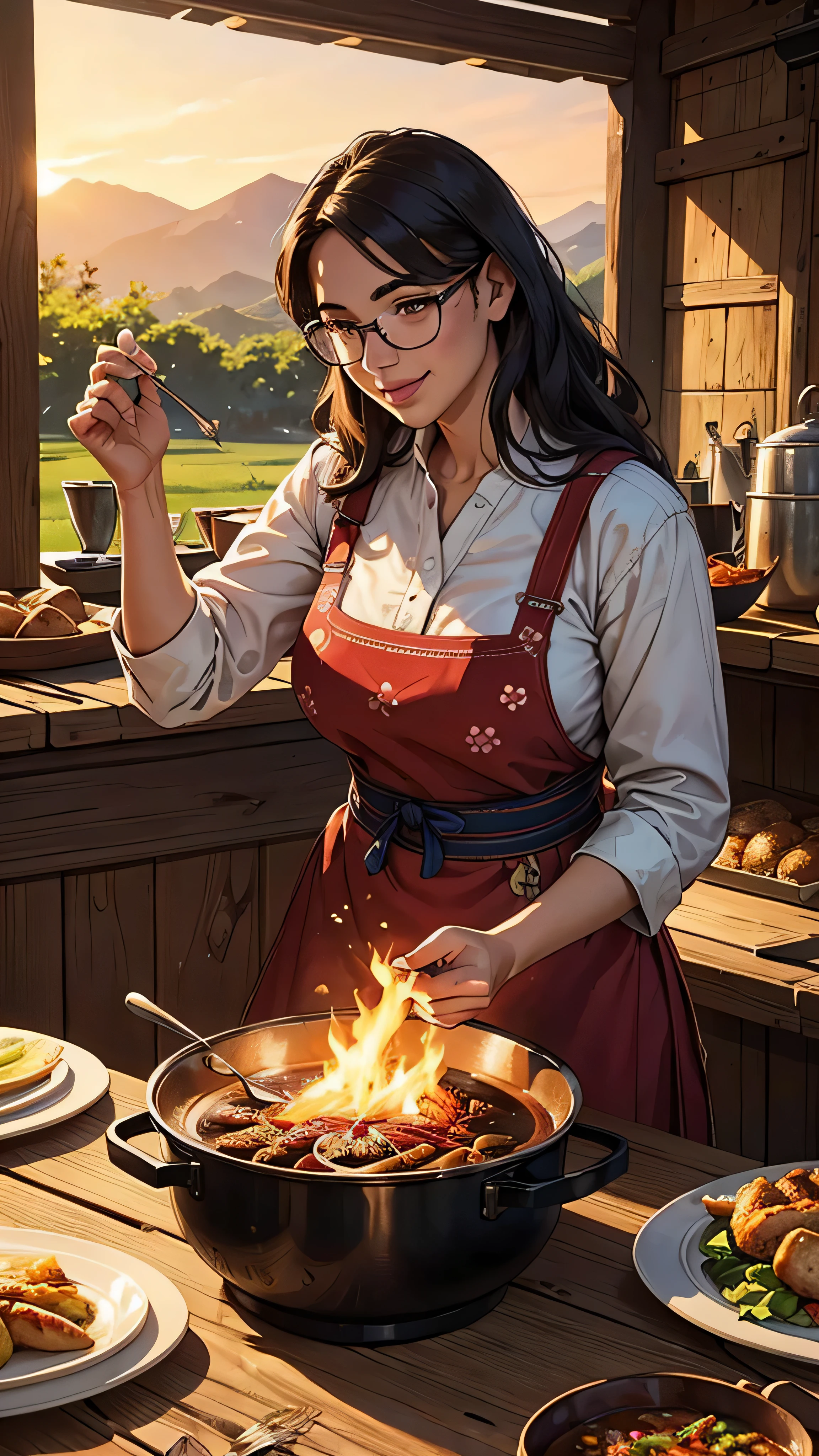 (best quality,4k,8k,highres,masterpiece:1.2),ultra-detailed,(realistic,photorealistic,photo-realistic:1.37),a village man enjoying dinner with his family,beautiful detailed eyes,beautiful detailed lips,extremely detailed eyes and face,long eyelashes,natural environment,smiling faces,content expressions,warm atmosphere,carefully prepared meal,family bonding,traditional attire,floral patterns on clothing,joyful moments,authentic cultural experience,rustic surroundings,sunset lighting,vibrant colors,wind blowing through the fields,lovingly cooked food,simple yet delicious dishes,togetherness,table set with handmade ceramic plates,traditional cooking methods,crackling fire from the stove,homely atmosphere,aroma of freshly cooked food,intricate woodwork in the background,clinking of glasses,laughter filled conversation,generational connections,harmonious ambiance