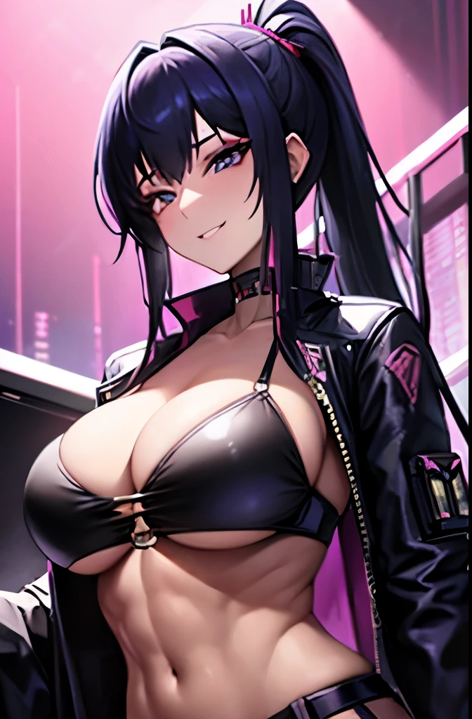 Beautiful girl, smile, cyberpunk, ponytail, bust up, abs, hair ornament, open chest clothes, pants, glossy skin, big breasts, cleavage, poses that show off cleavage, sexy,
