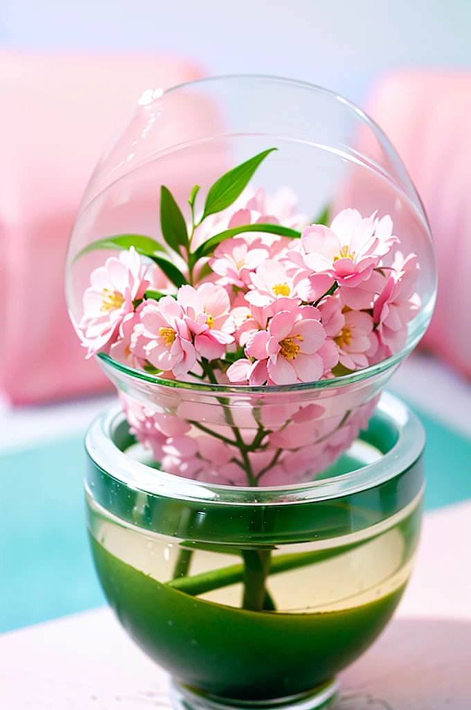 there are three pink flowers in a vase on a table, Realistic flower oil painting, Hyperrealistic soft painting, pink flowers, maia sandu hyperrealistic, hyper-realistic style, surreal details, Highly realistic, pastel colors, very surreal, surreal detailsed, Hyper-realistic style, Detailed flower, surreal style, photorealistic style, by Lee Jeon Suk