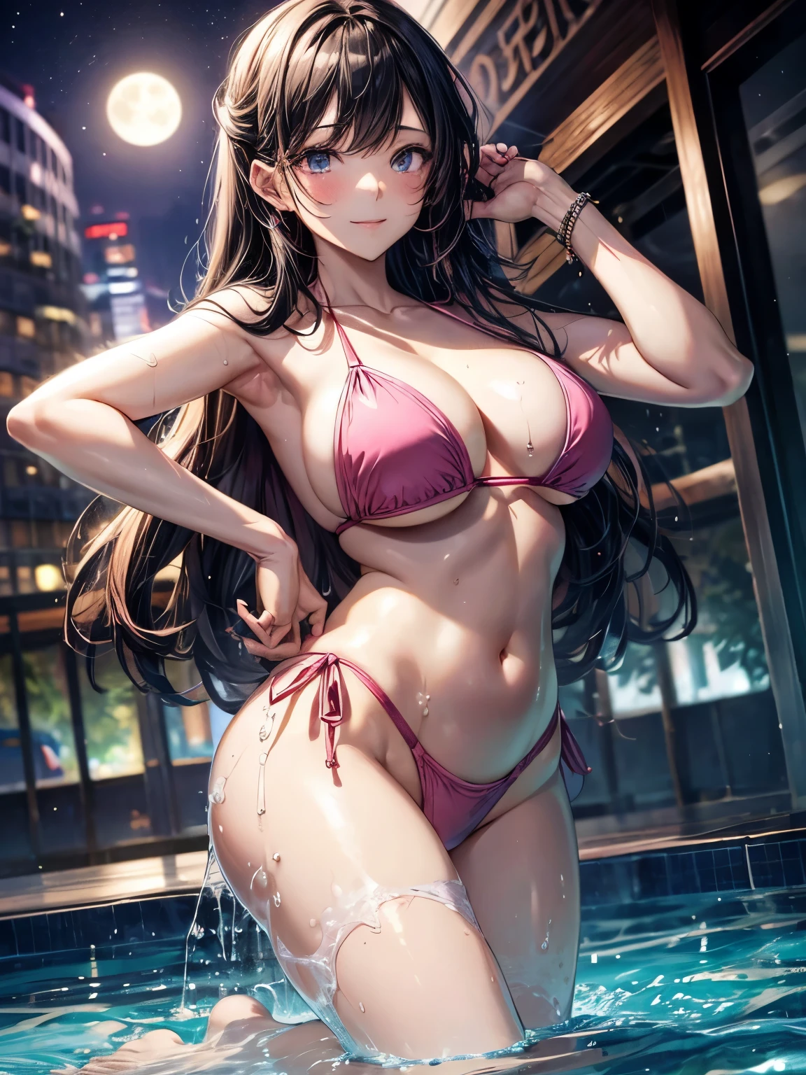 highest quality、All limbs、full finger、1 girl、((one beautiful woman、solo))、black haired woman、long hair、straight hair、big breasted woman、big smile、((pink bikini:1.2))、(((Superior hotel)))、((open-air bath))、light up、bare hands、barefoot、full moon、night、sexy pose、hands on hips、wet texture