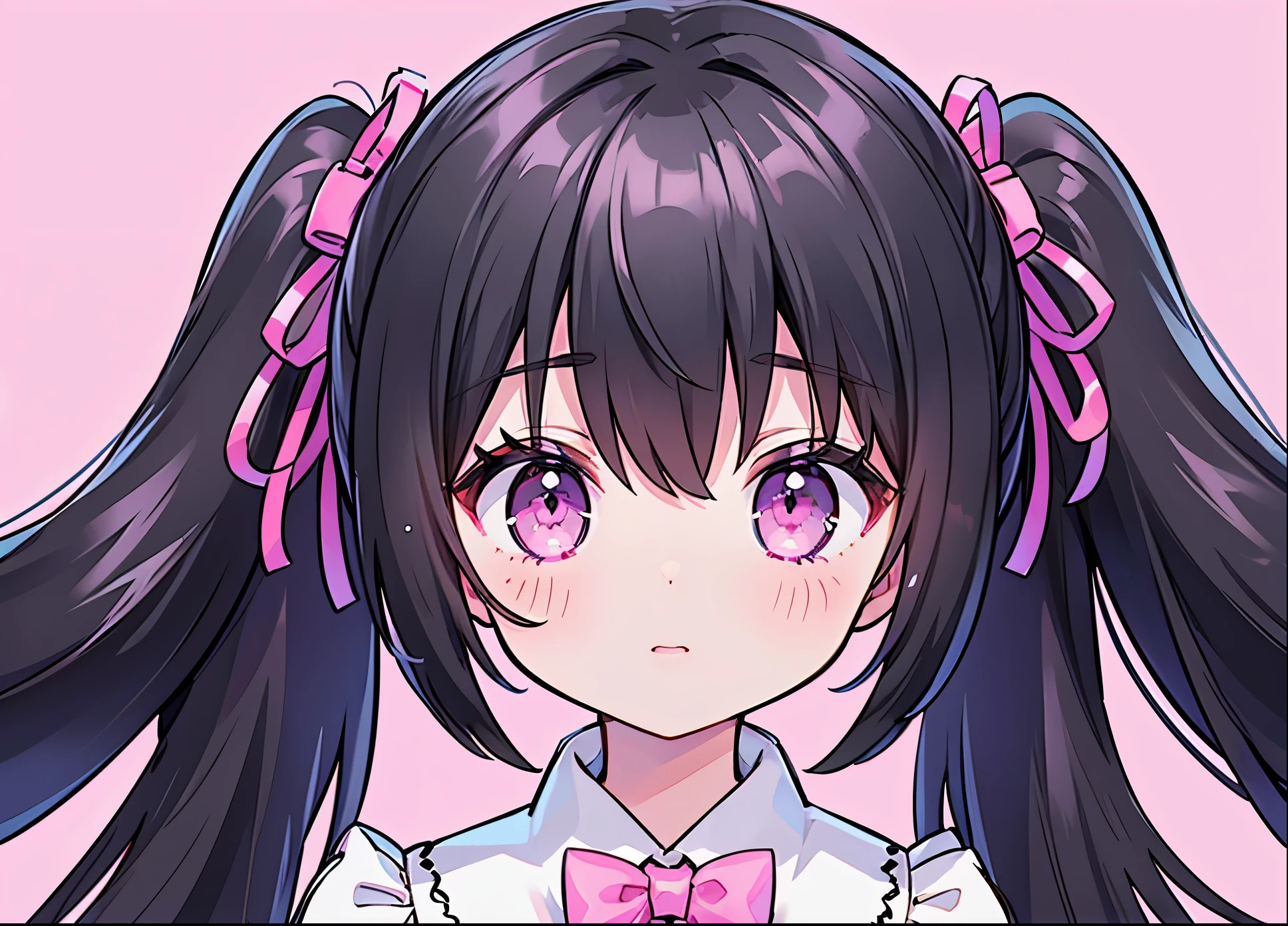 ((central)), ((face to face)), ((up shot)), masterpiece, dressed in Gothic Lolita clothes, black hair twintails, neon eyes, pink eyes, Solo, One girl, Solid pink background, invisible hands, 17 years old