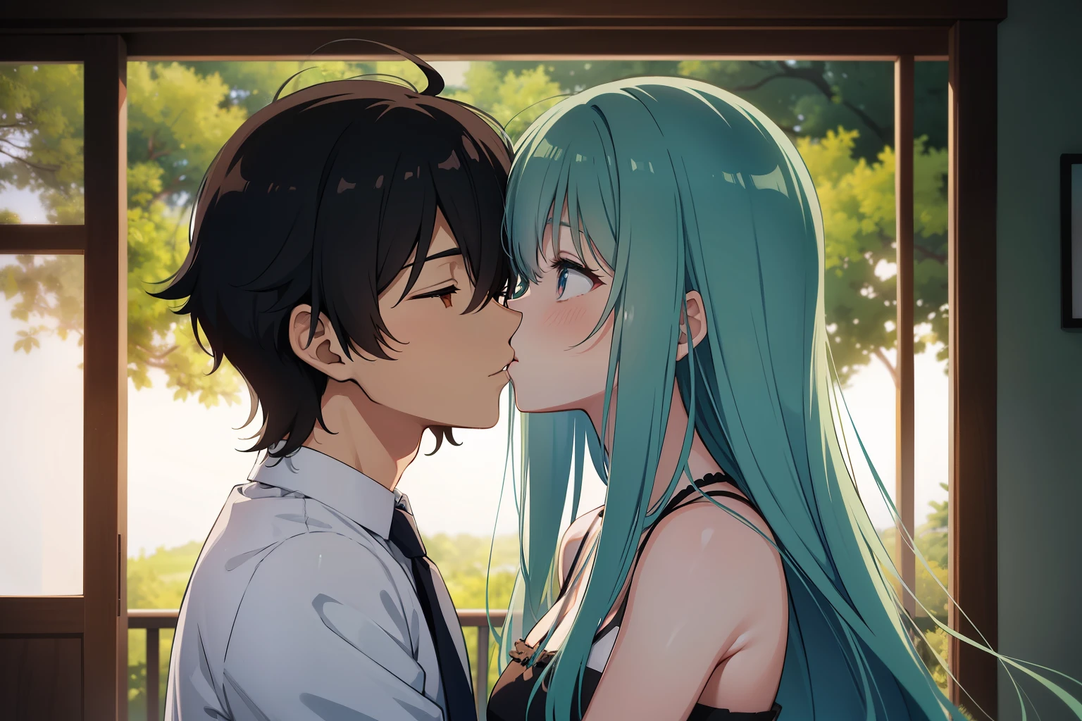 Forest bg, Anime style, a physics-based rendering of a scene, presents an obra maestra of a young woman with a delicate, soft, and amiable rostro, gently kissing a handsome man. The chica, with turquoise cabello flowing freely, embraces the chico, whose azul cabello frames his handsome profile. Both of them are shown without makeup, and the soft colors of the scene heighten the natural beauty of the moment during the atardecer. This anime-inspired escena showcases the perfect anatomy of the characters, and the minimalista scene is centered around their kiss exchange. The depth of field adds to the intimacy, creating a heartfelt and