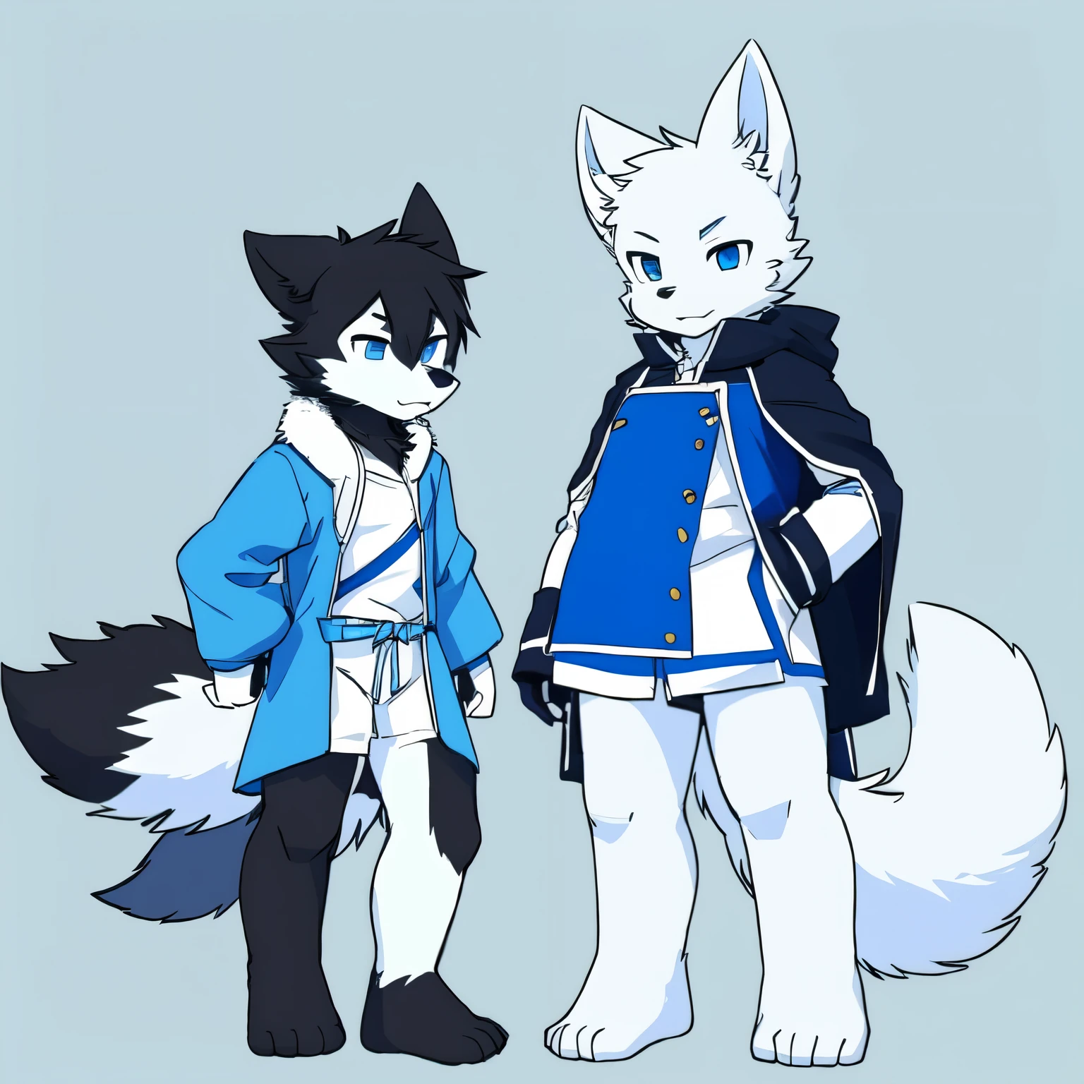 I'm a wolf orc,,Height 1.65 meters,The fur color of ears and feet is blue,Body、arm、The fur color of the legs is white,The overall coat color of the tail is white but the tip of the tail is blue.,Wearing white short sleeves and blue shirt。
Eyes are black and white eyes