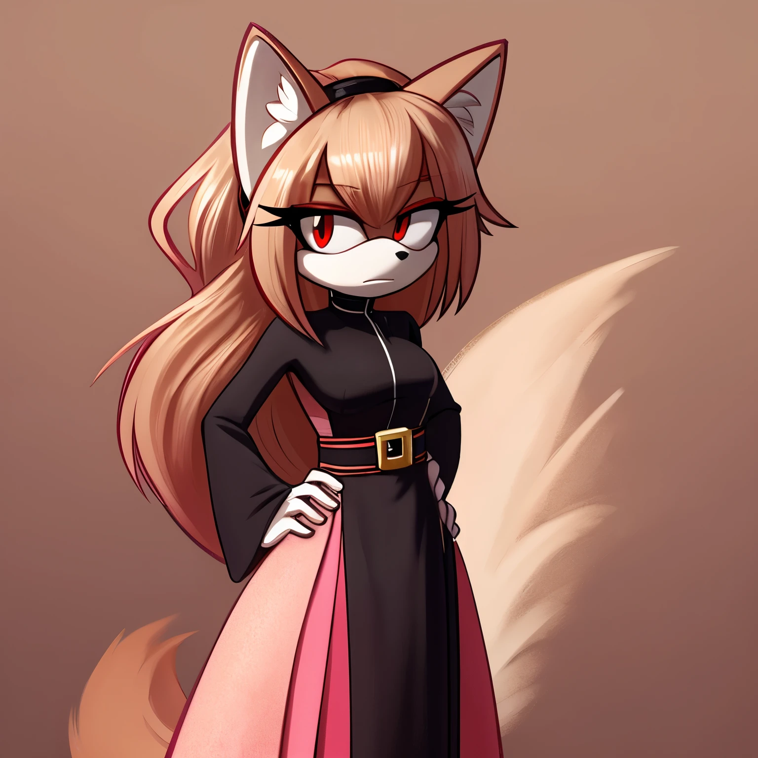 Female, Mobian, Kitsune, pinkish beige fur, white fuzzy muzzle, VERY long hair, red eyes, red makeup, serious expression, one hand on hip, hair bangs, hair on shoulders, red long sleeved cheongsam dress, black sash belt