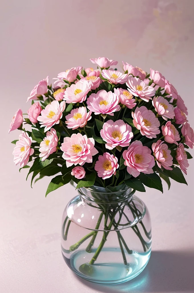 there are three pink flowers in a vase on a table, Realistic flower oil painting, Hyperrealistic soft painting, pink flowers, maia sandu hyperrealistic, hyper-realistic style, surreal details, Highly realistic, pastel colors, very surreal, surreal detailsed, Hyper-realistic style, Detailed flower, surreal style, photorealistic style, Don't show people