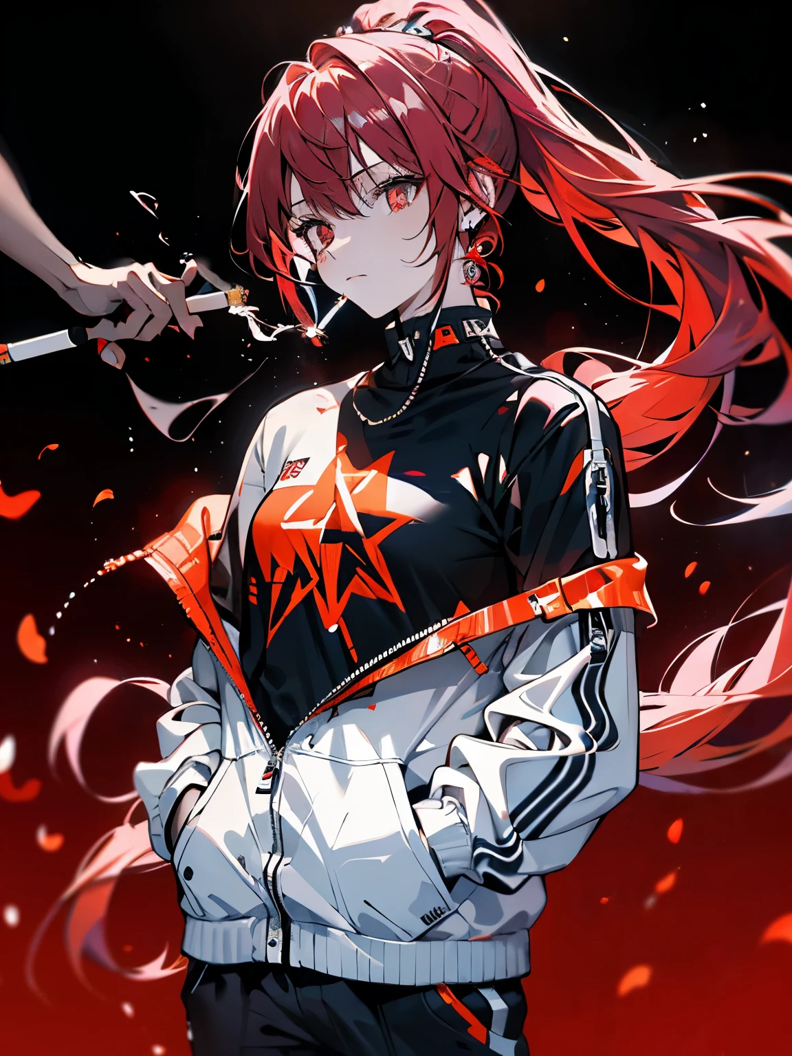 Red hair,Long hair and waist,red pupils,Dark black sportswear,hands in pockets,The expression is careless and unconcerned,1m8 Royal Sister,4K,With a cigarette in his mouth,The background is dark night woods,high ponytail,