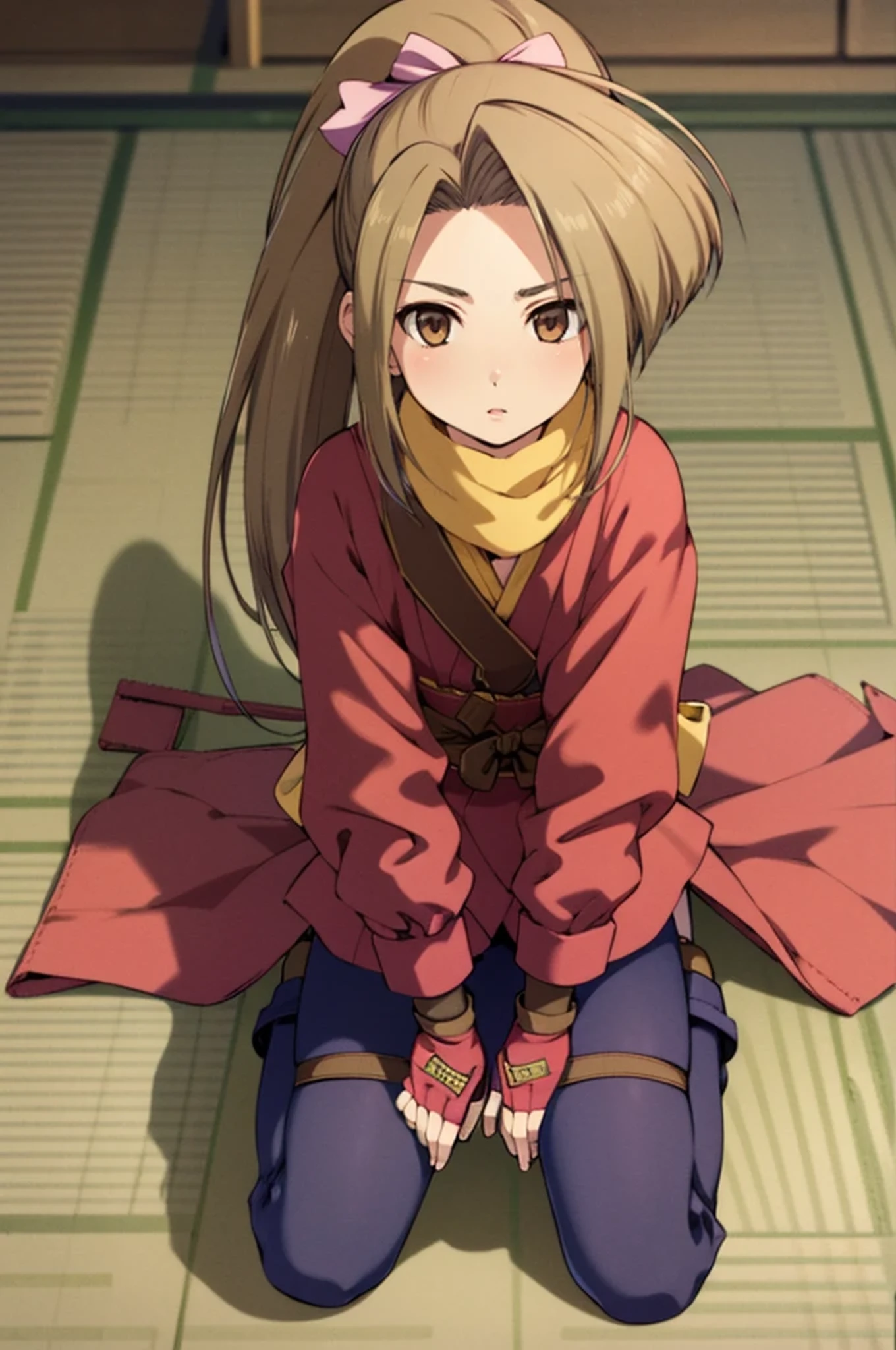 1 girl, alone, whole body, fujibayashi suzu, scarf, Shoulder Belt, Tales of Phantasia,
Sitting straight on the tatami