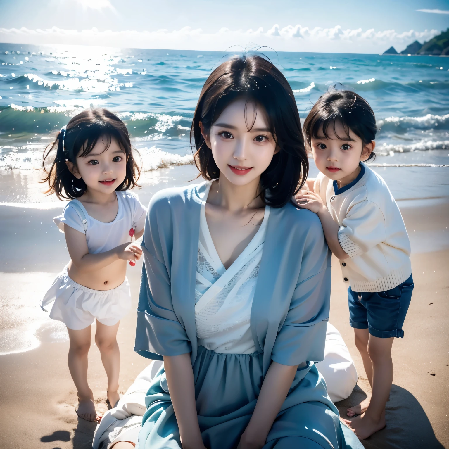 There is a woman on the beach holding a, Lovely and beautiful, Mother摄影 4 k, cute and adorable, cute and adorable, with children, beautiful korean woman, beautiful and cute, Ruan Jia Meili!, she is korean, Mother, Queen of the Sea Mu Yanling, With cute doting eyes, Urzan, yanjun chengt