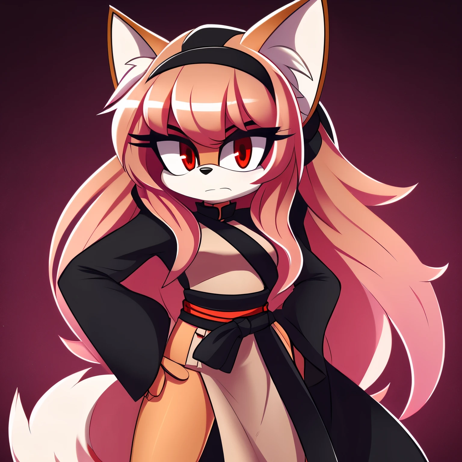 Female, Mobian, Kitsune, pinkish beige fur, white fuzzy muzzle, VERY long hair, red eyes, red makeup, serious expression, one hand on hip, hair bangs, hair on shoulders, red long sleeved cheongsam dress, black sash belt
