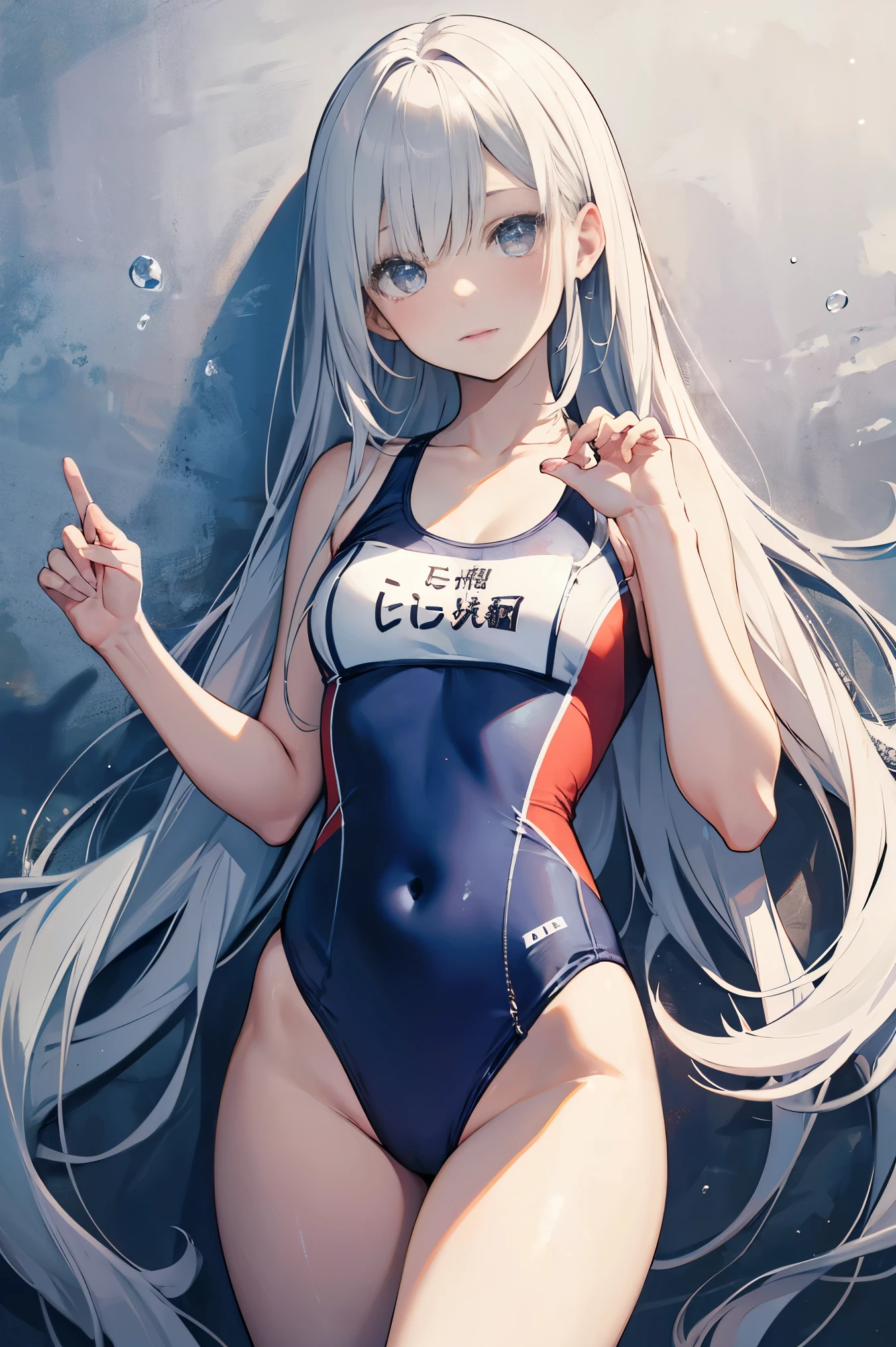 High quality、highest quality、complete limbs、Ultra high definition、Shining eyes、Full hands and fingers、slender beauty、wearing a white school swimsuit、white skin