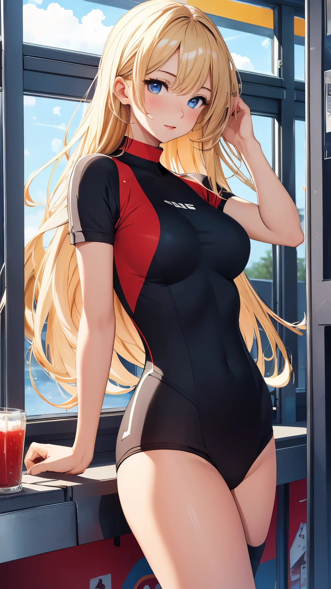 1 girl, (masterpiece, Detailed background, best quality), Long, shiny hair, blonde hair, sportswear, giggle, juicy lips, bitch juice, red lips, perfect eyes,