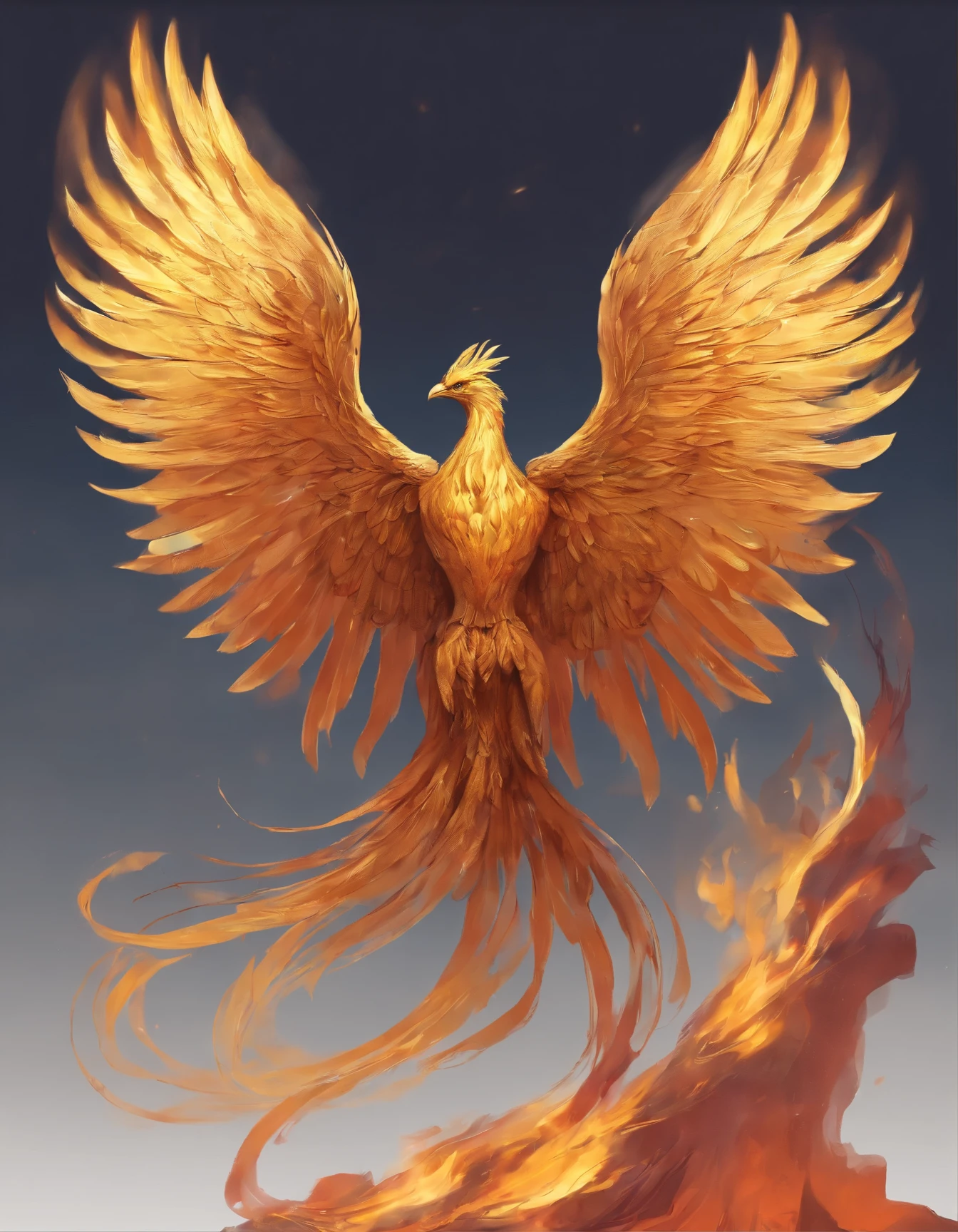 Phoenix in high resolution with the full image of the wings, golden and crisp, let it be a small phoenix with a smooth background, bem realista