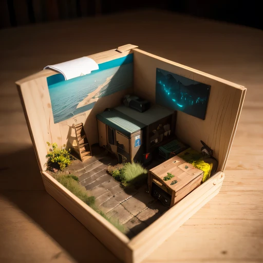 small realistic model, (8k, original photo, best quality, masterpiece:1.4),SteampunkCyberpunk1929 City,(Cyberpunk light:1.3),on the table,horizon (related to land),(in a small nature box:1.3),Isometric, small nature, landscape on foundation,landscape,