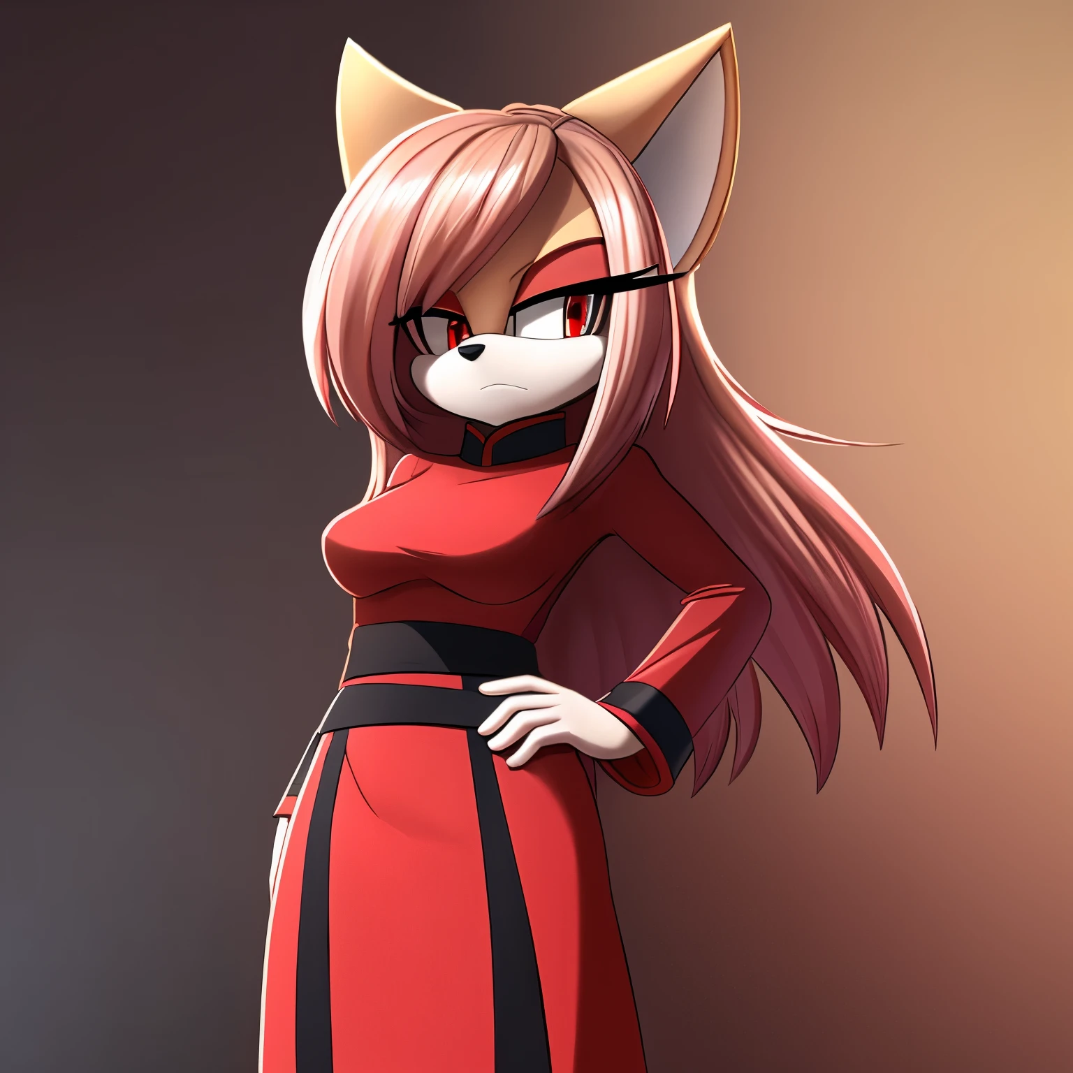 Female, Mobian, Kitsune, pinkish beige fur, white fuzzy muzzle, VERY long hair, red eyes, red makeup, serious expression, one hand on hip, hair bangs, hair on shoulders, red long sleeved cheongsam dress, sash belt