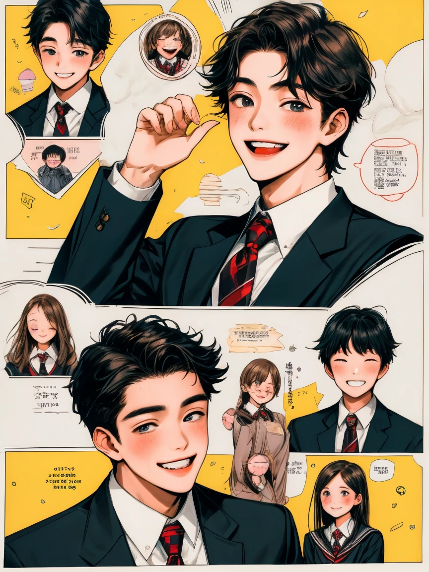 masterpiece, collage of life ordinary happy high school boy, school uniform, smile