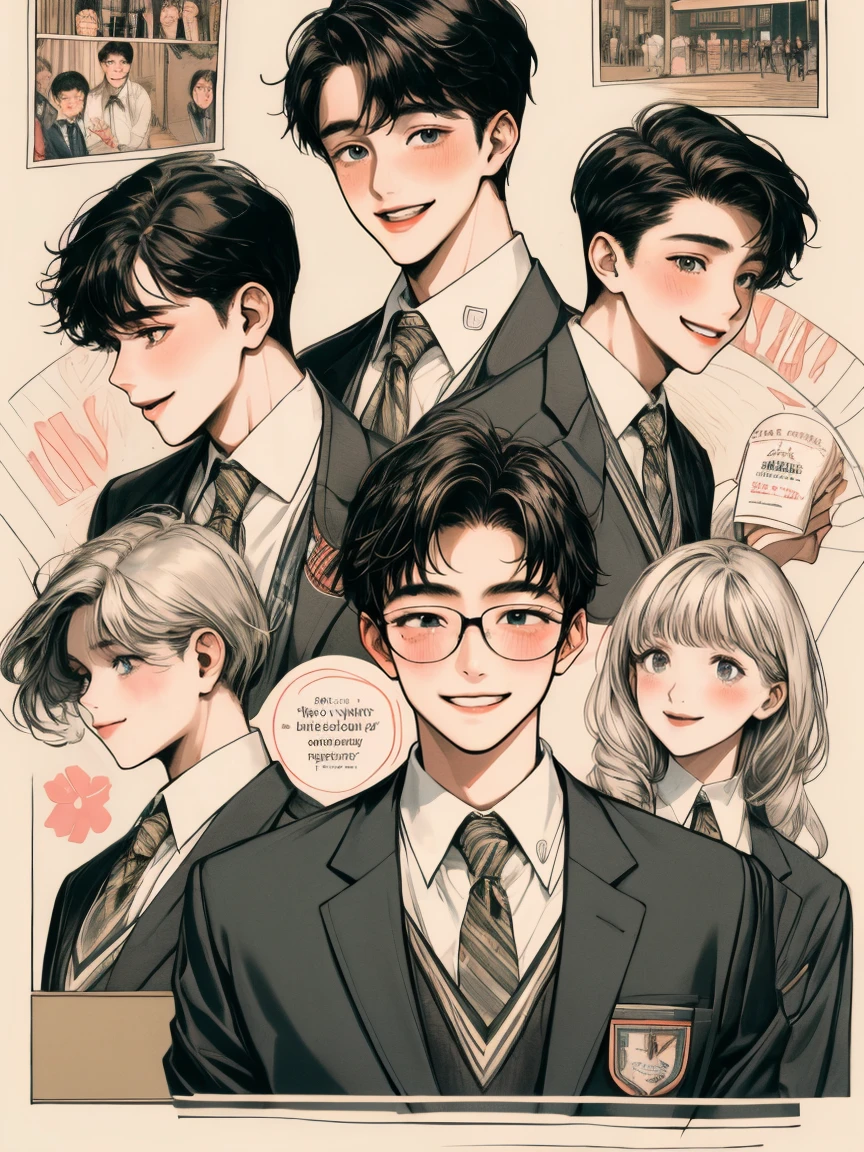 masterpiece, collage of life ordinary happy high school boy, school uniform, smile