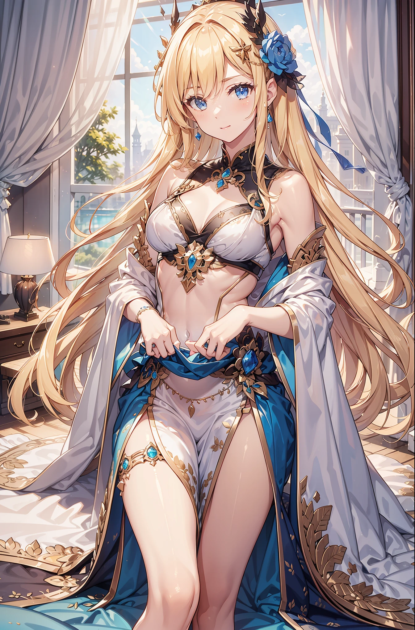 {{{{masterpiece}}}}， {{{super detailed}}}， {{{HD}}}， {{good anatomy}}， （（（best quality）））， （（very delicate and beautiful））， {{Very detailed and refined}}， {8k CG wallpaper}， {{EnLightenment}}， (Divine Goddess Dress:1.2)，blonde，blue eyes，Minimalism，Ruffles，Transparent lace，Beautiful accessories，Beautiful pattern，Dress nicely，mythical crown，see through transparent clothes，A small number of dark blue-white patterns，Beautiful and delicate face，Bedroom scene in western mythology，night，Light，night，the only person，(flowing skirt:1.1)，tempting pose